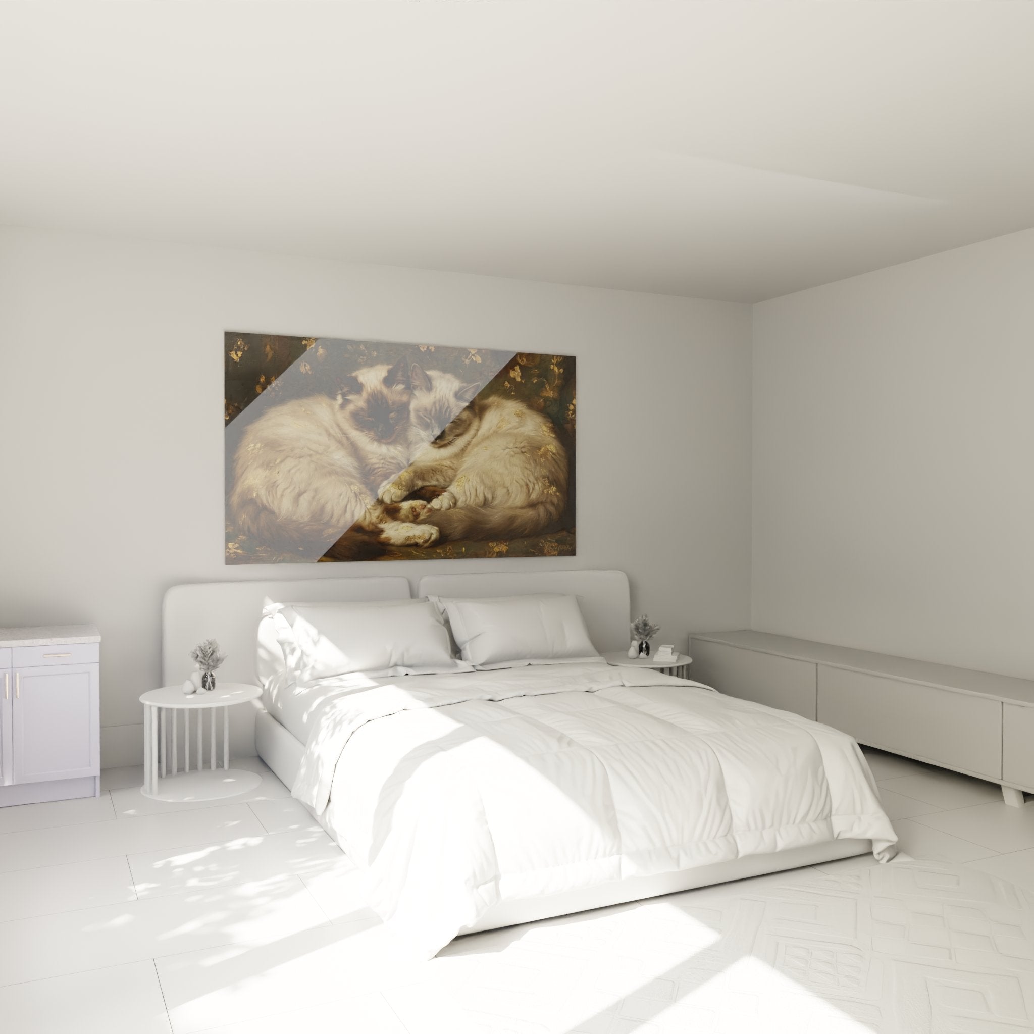 Decorazione murale con quadro di gatti birmani in una camera moderna con tonalità neutre