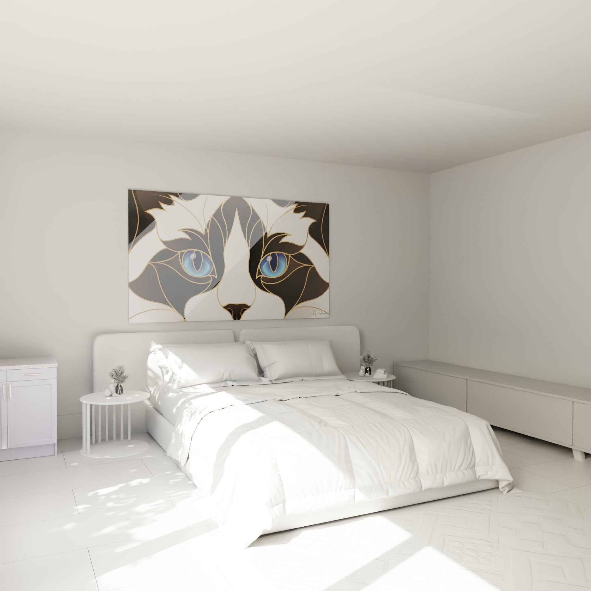 Decorazione murale camera da letto con quadro gatto ragdoll stilizzato occhi blu penetranti arte moderna