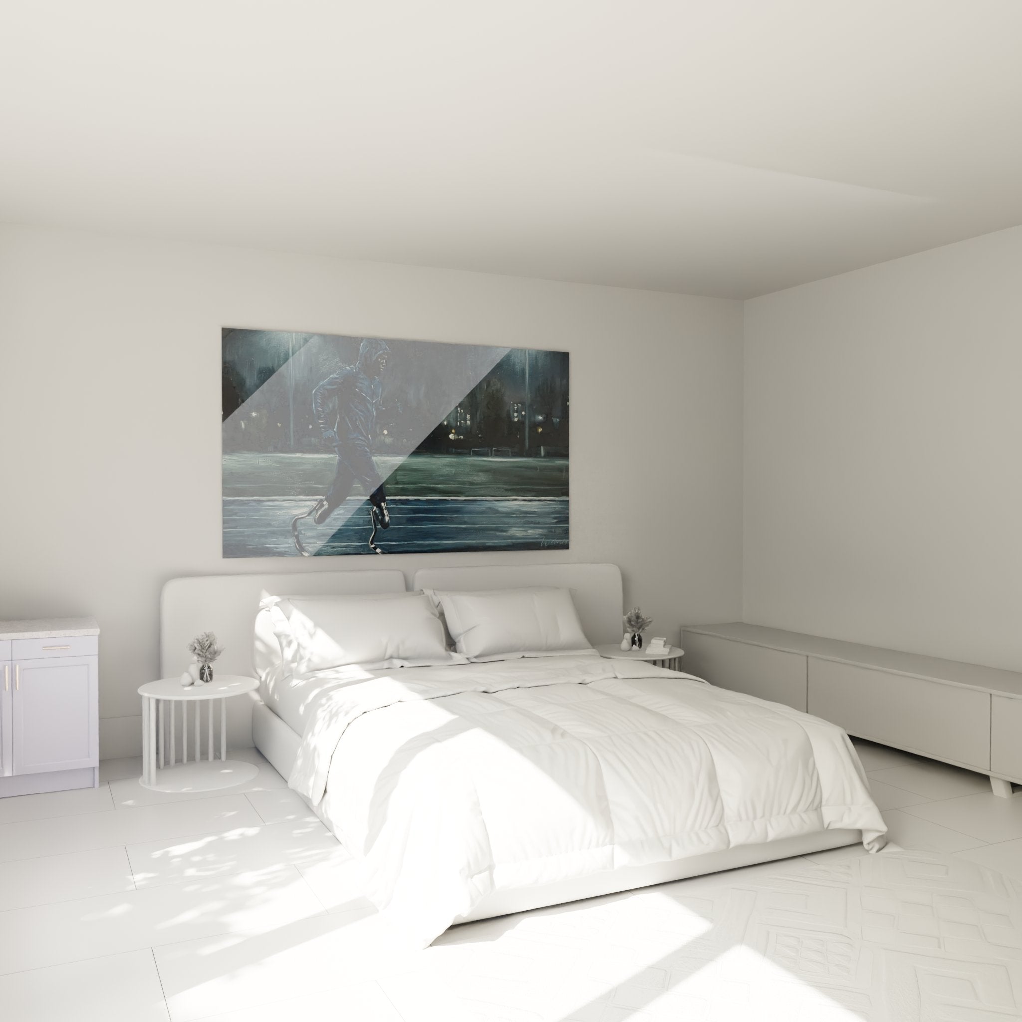 Paralympisches Kunstwerk, das ein modernes Schlafzimmer schmückt, zeigt einen Läufer mit Prothesen im Regen