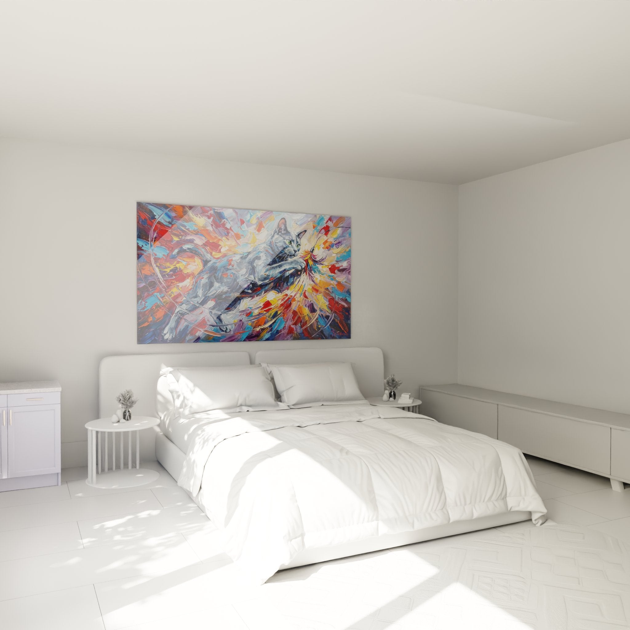 Wanddekoration Korat-Katze expressionistisch im modernen Schlafzimmer farbenfrohe künstlerische Atmosphäre