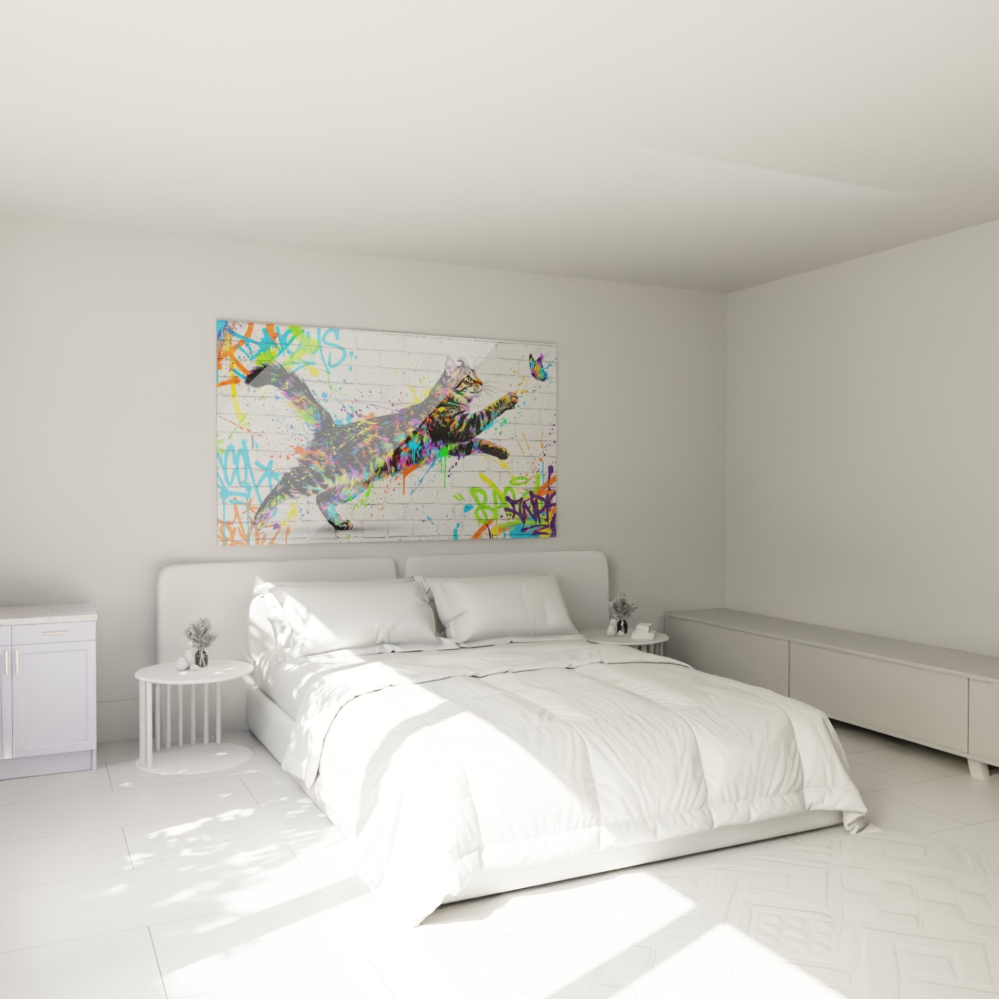Colorful American Curl cat street art wall decor hanging in a modern bedroom