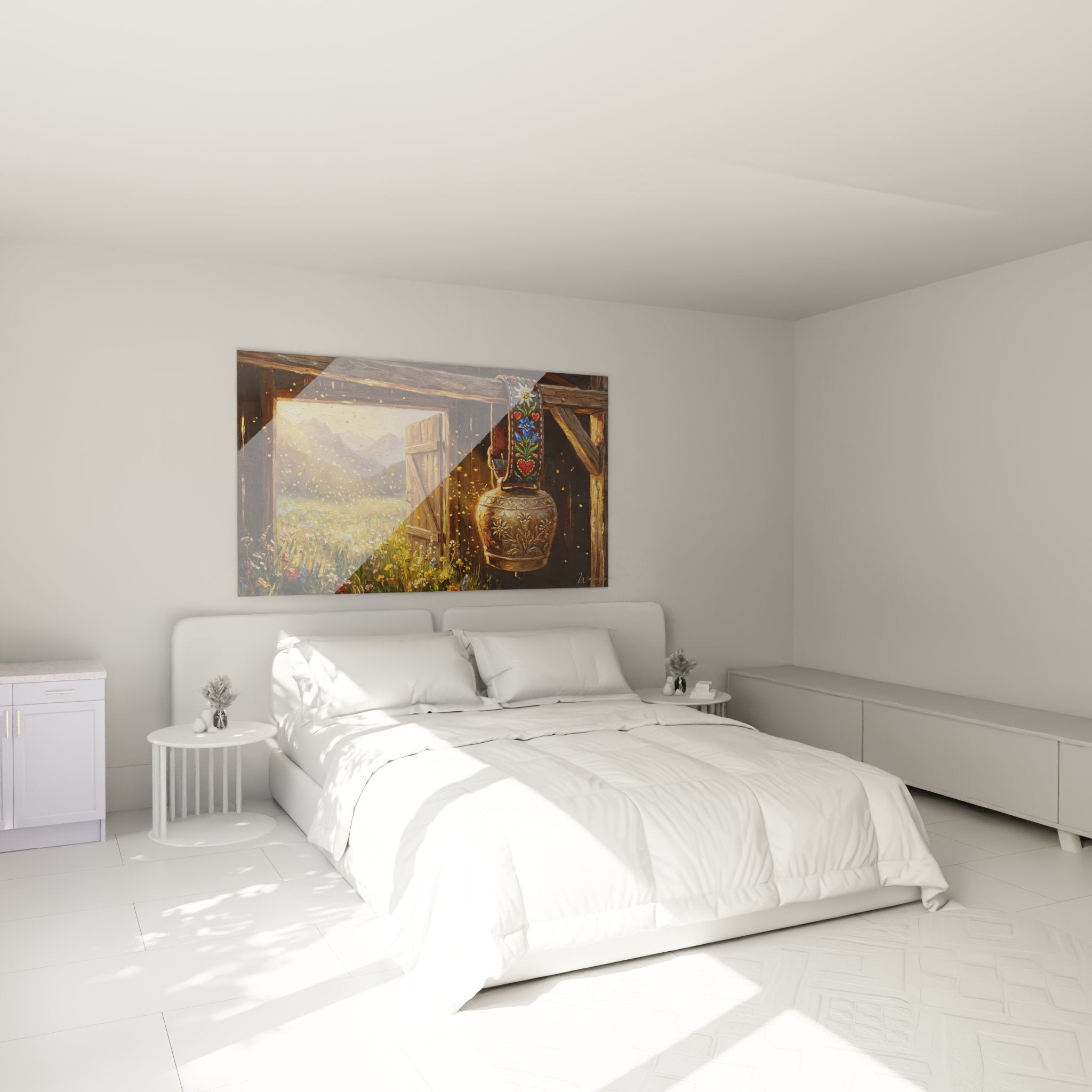 Quadro chalet alpino in camera moderna, decorazione murale montagna con vista prato fiorito