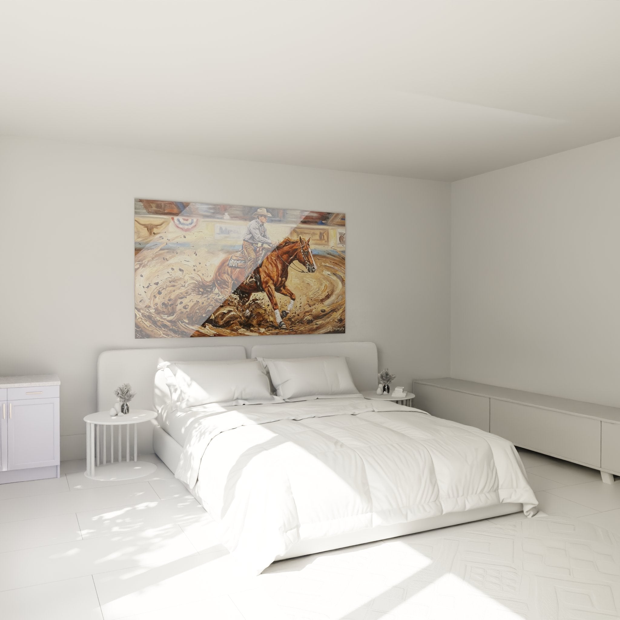 Decoration murale art equestre western dans chambre moderne avec tableau reining cowboy sur cheval brun