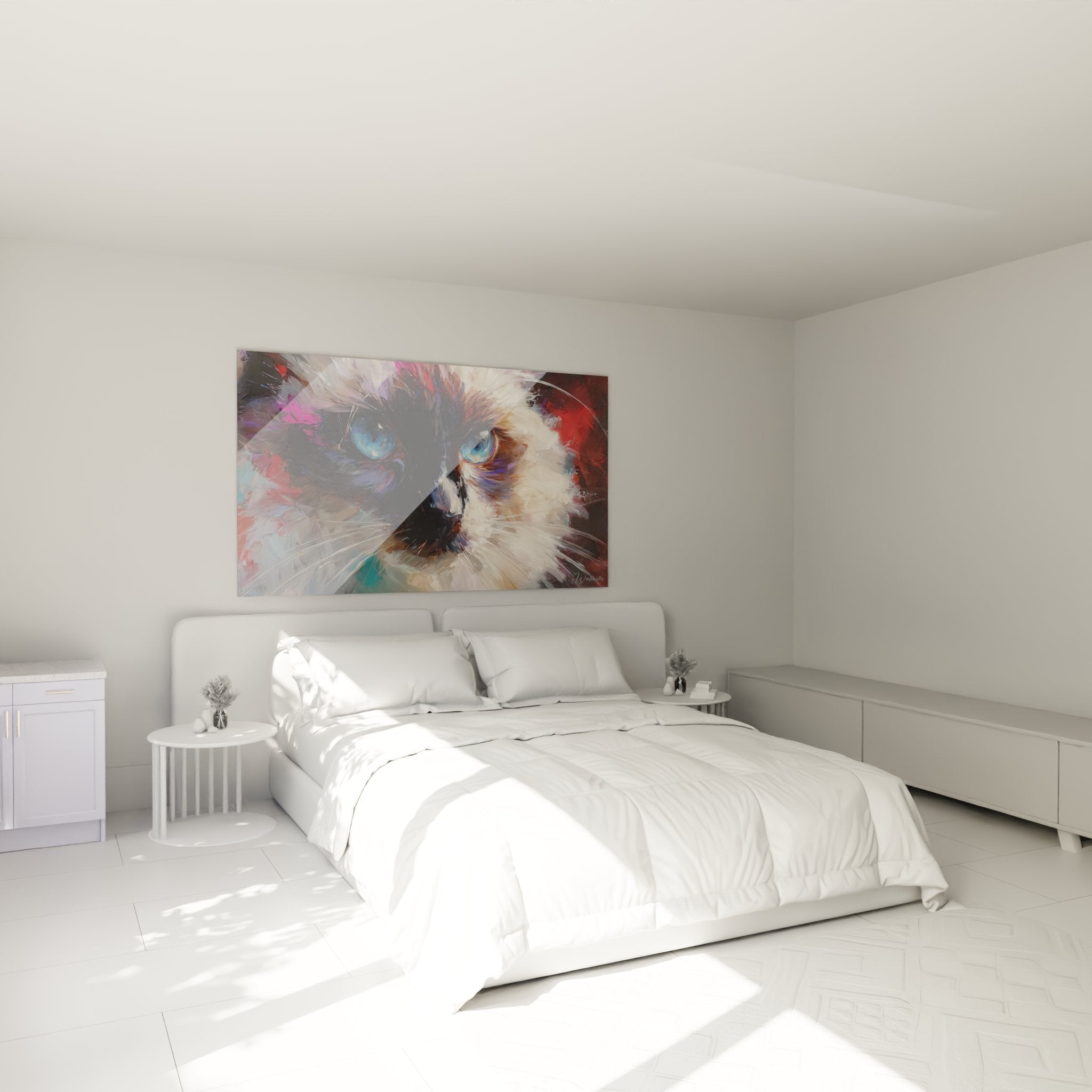 Quadro gatto birmano occhi blu appeso in camera moderna con arredamento contemporaneo