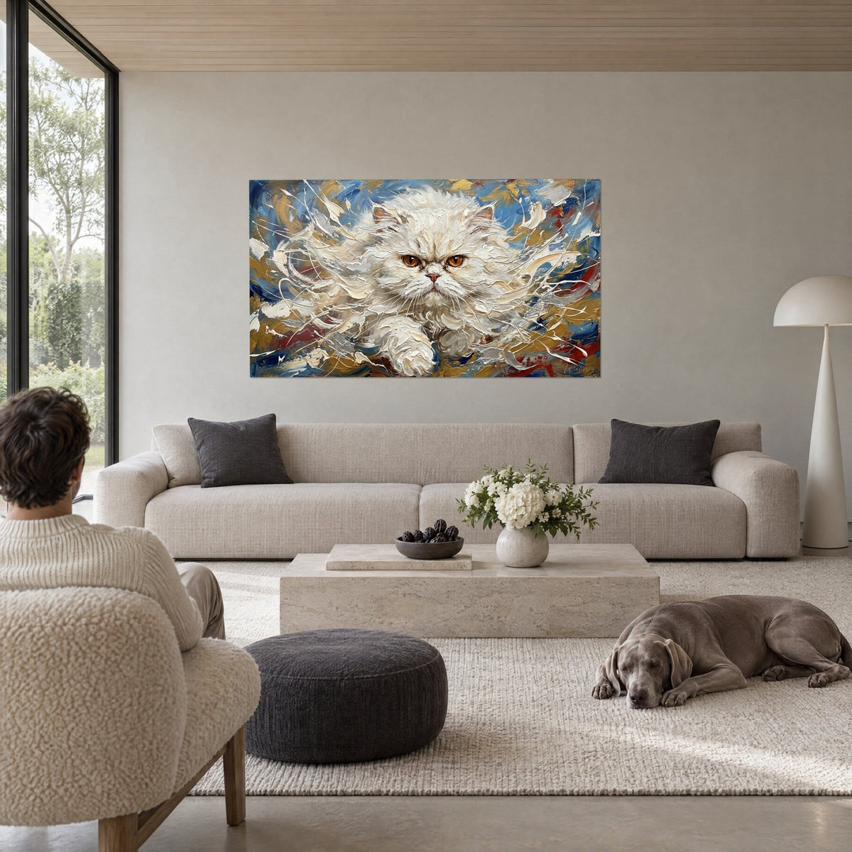 Cuadro gato persa blanco de ojos ámbar, pelaje crema en empastes sobre fondo azul y ocre, encima de un sofá en un salón luminoso