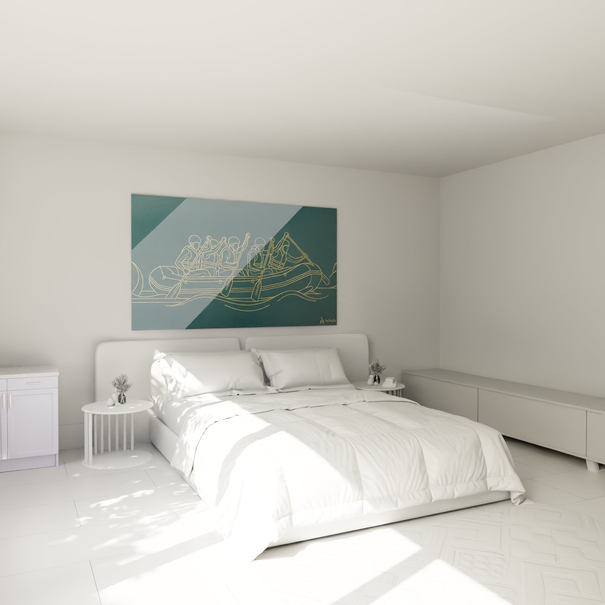 Bedroom decoration with golden rafting wall art - modern and sporty atmosphere for interior
