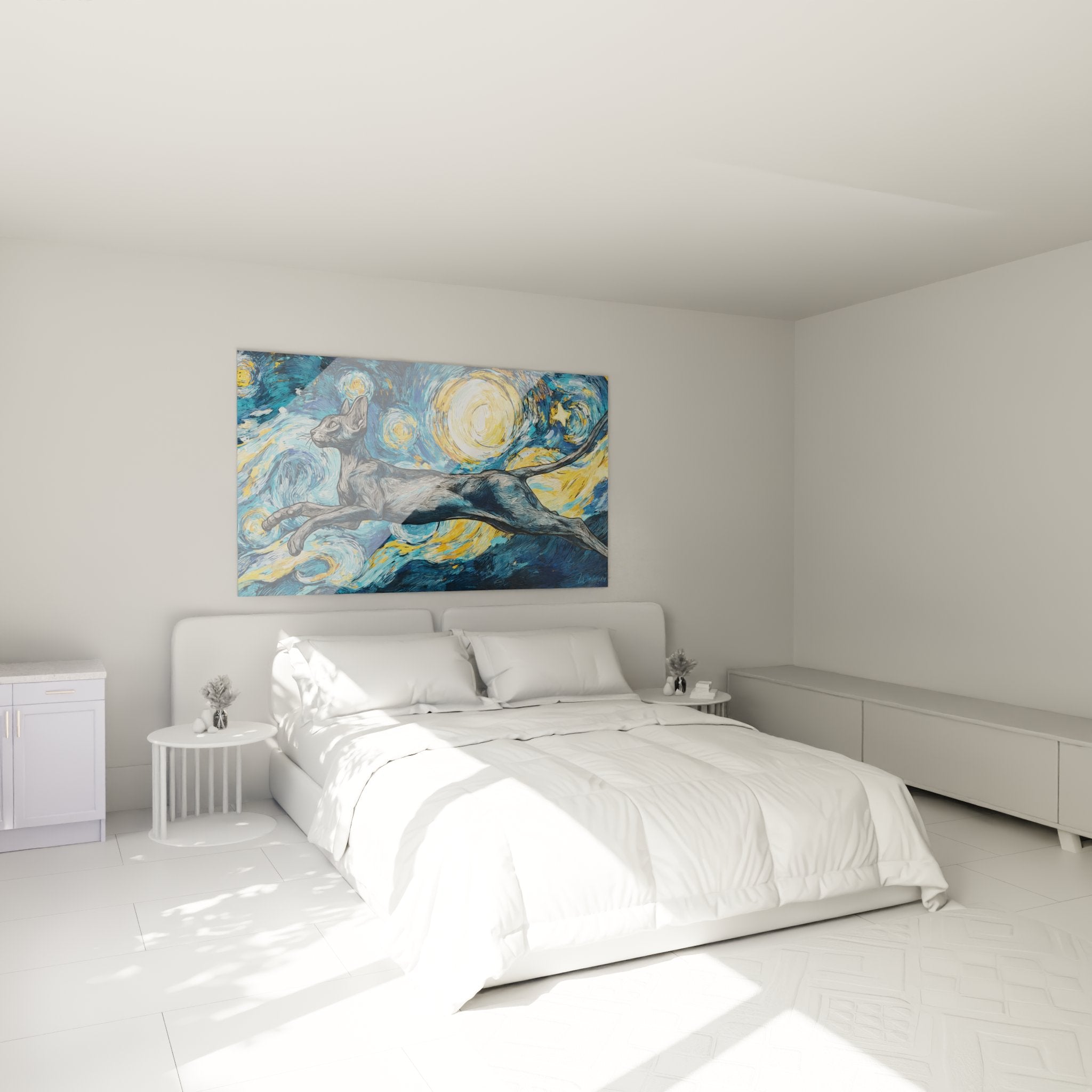 Tableau chat Oriental nuit étoilée accroché dans chambre moderne, décoration murale féline élégante