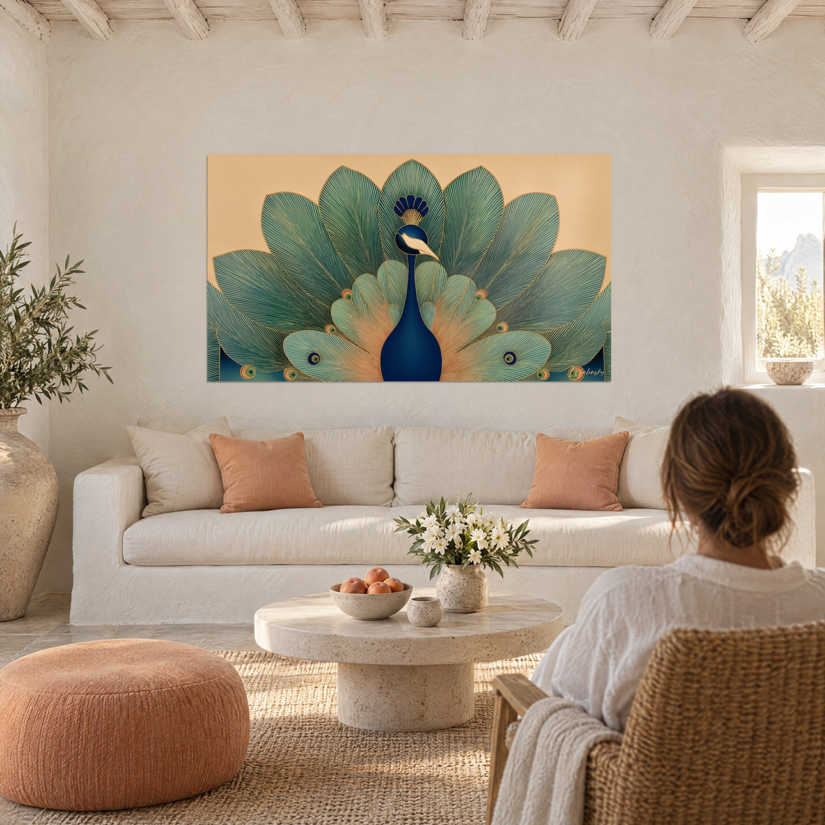 Wall art Art Deco peacock with sage green and midnight blue feathers on a sand background, person seen from behind, above a sofa in a bright living room