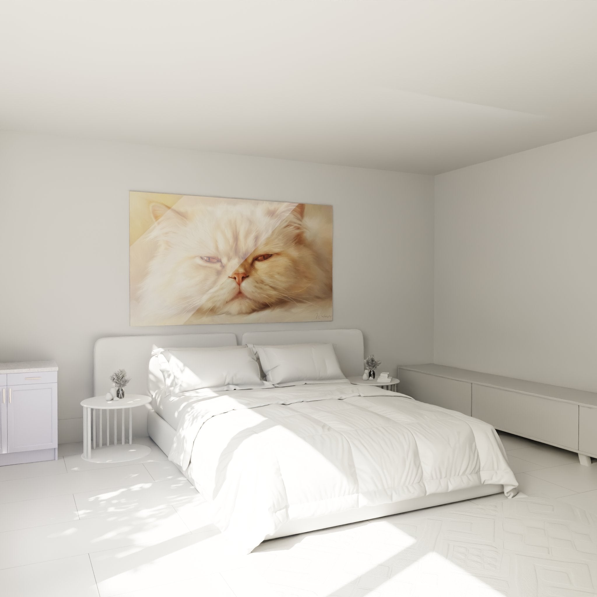 Tableau chat Persan doré dans chambre moderne, décoration murale apaisante, ambiance cosy