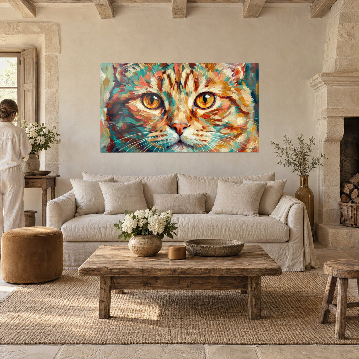 Quadro di un gatto rosso dallo sguardo ambrato dipinto con pennellate turchesi e color corallo, visitatrice di spalle, sopra un divano in un soggiorno luminoso