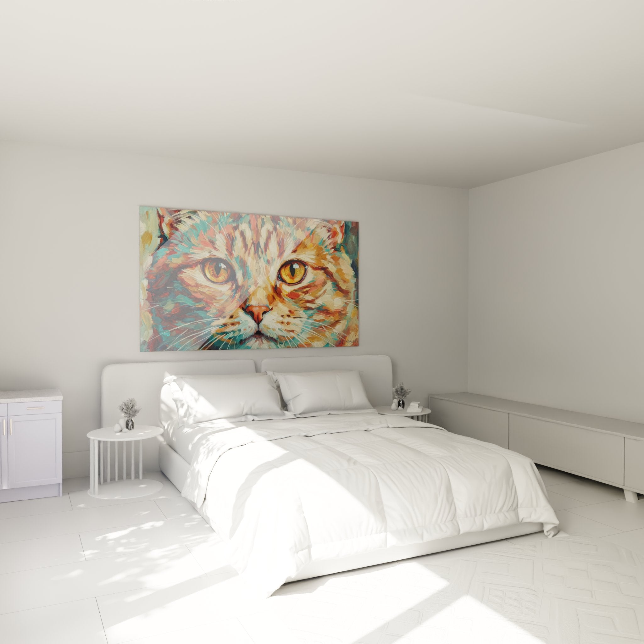 Colorful cat wall decoration in a modern bedroom with turquoise and orange palette