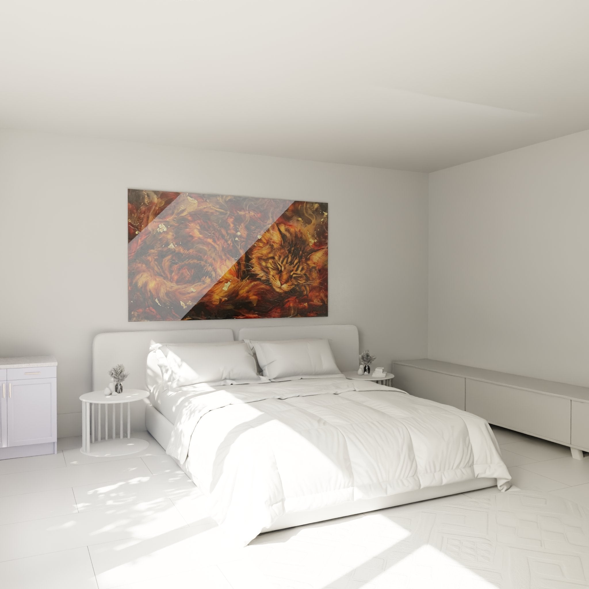 Bedroom decoration with sleeping Maine Coon cat artwork, warm and soothing ambiance