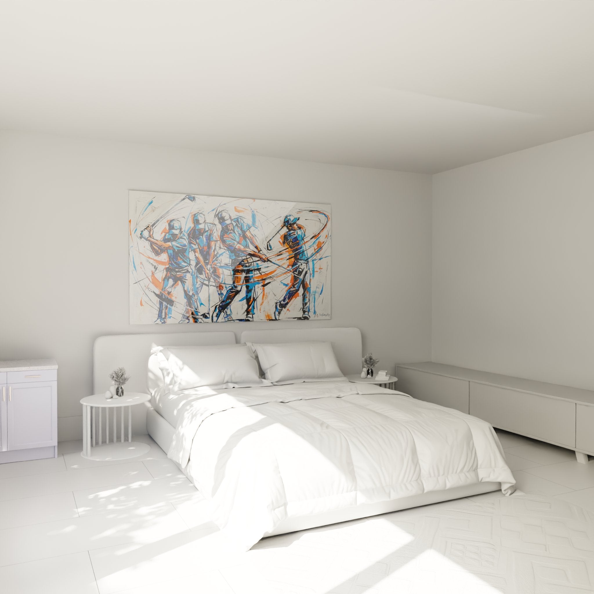 Tableau golf moderne dans une chambre, montrant des golfeurs stylisés en mouvement sur mur blanc