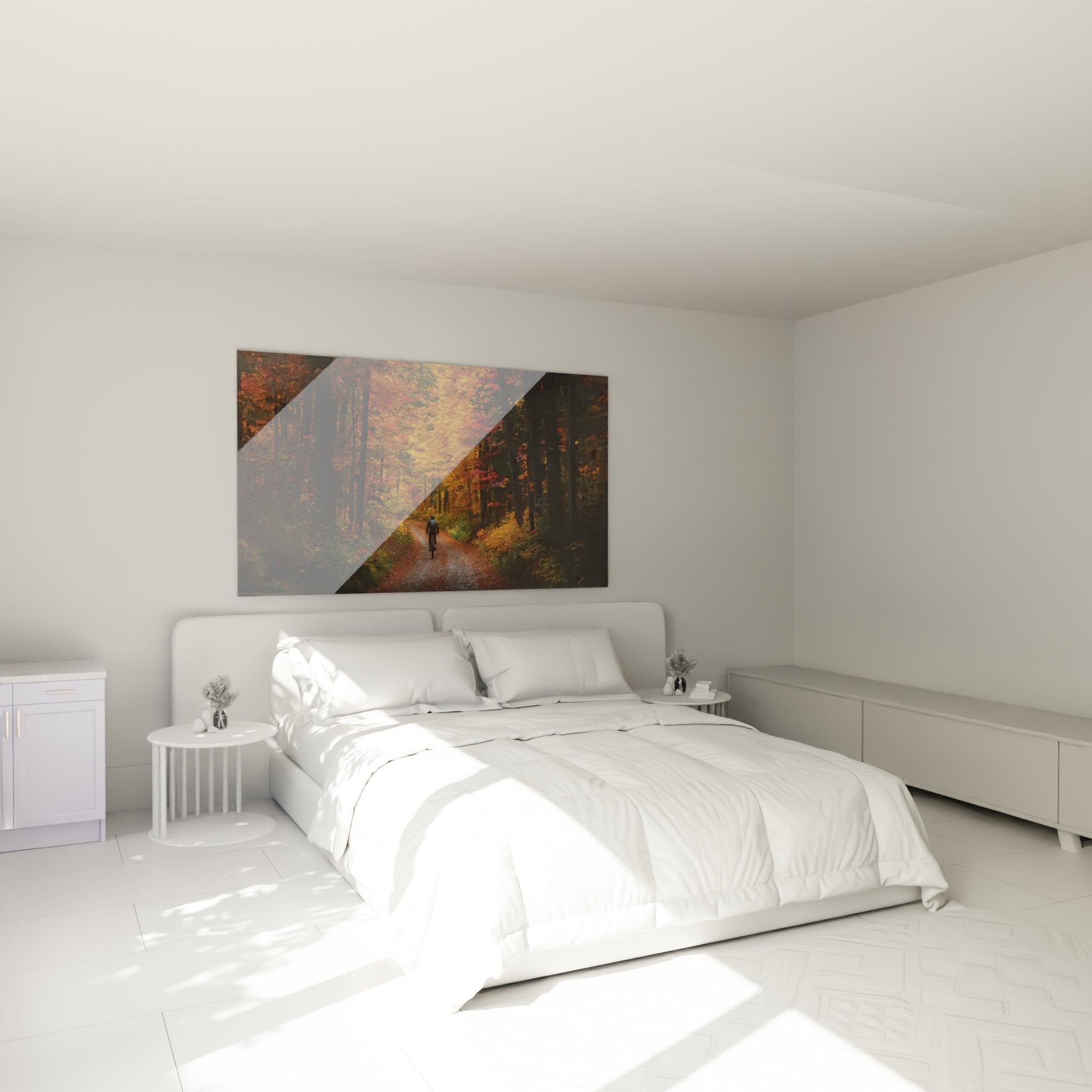 Mountain bike wall decoration in bedroom with autumn cyclist painting in warm and soothing colors