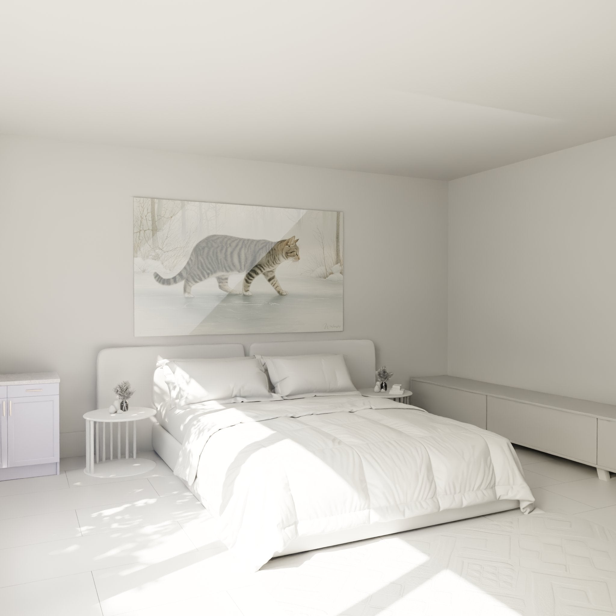 Décoration murale chambre avec tableau chat tigré hiver, ambiance cosy et apaisante