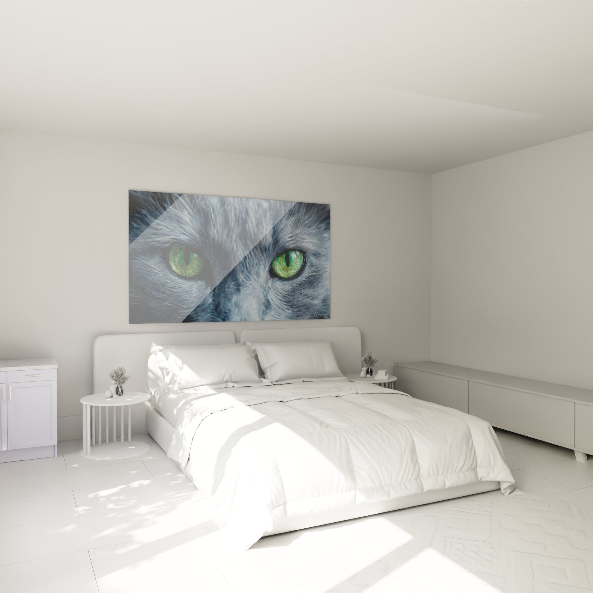Decorazione murale camera da letto con quadro gatto Nebelung occhi verdi in ambiente moderno e rilassante
