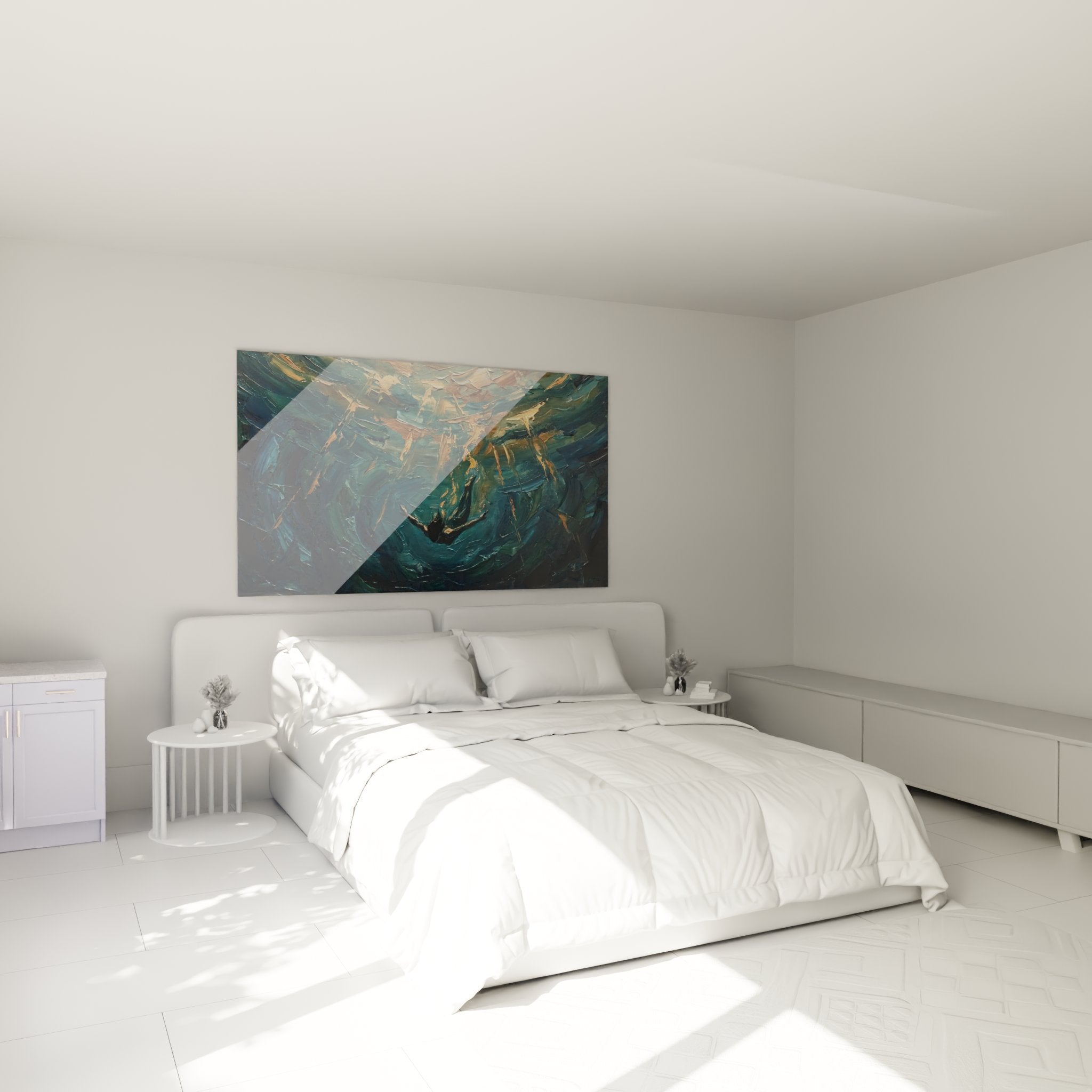 Underwater storm artwork decorating a modern bedroom, calming oceanic atmosphere for wall decor
