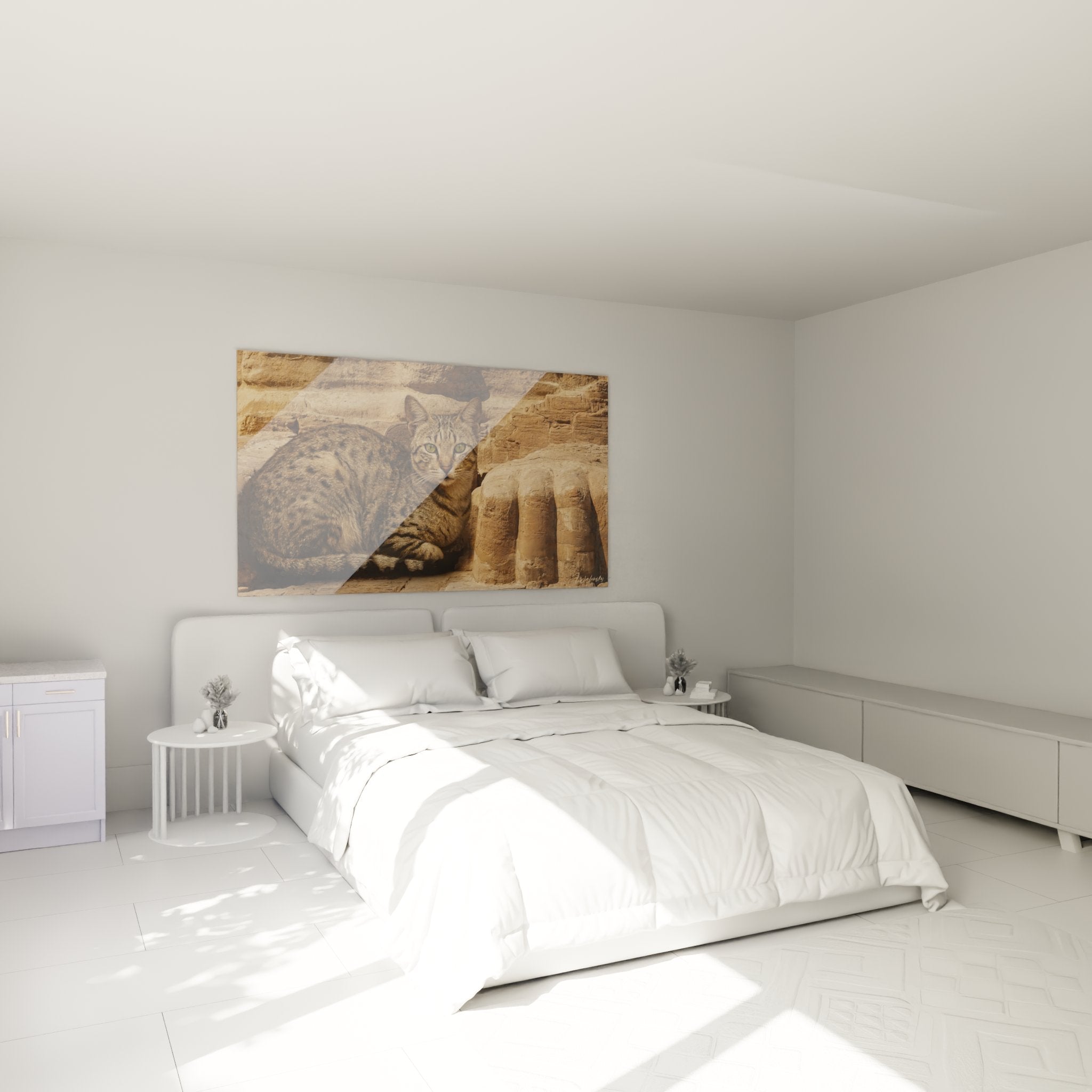 Gemälde ägyptische Mau-Katze antike Ruinen dekoriert modernes Schlafzimmer mit felines eleganter Note