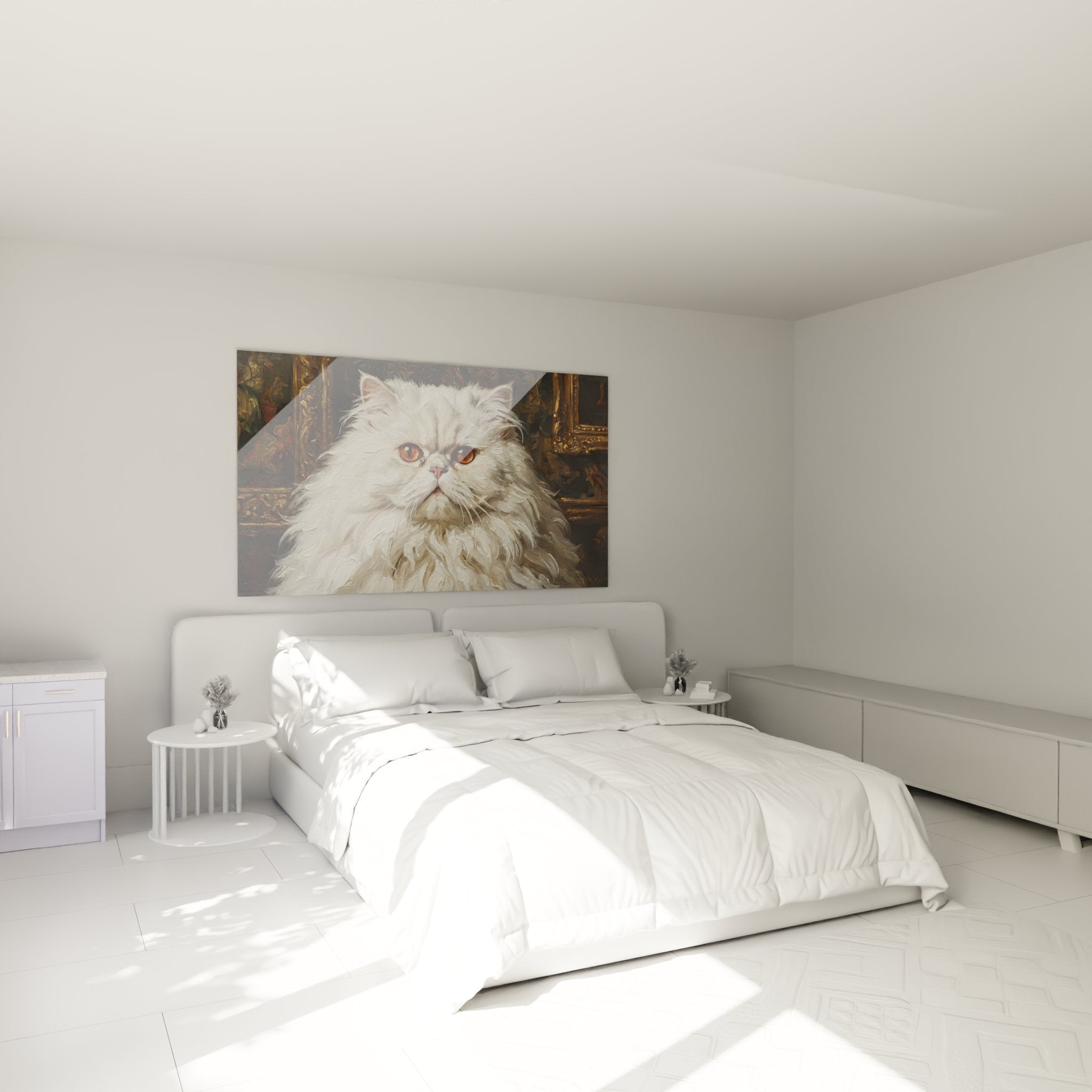 Tableau chat persan blanc décorant élégamment une chambre moderne avec meubles contemporains