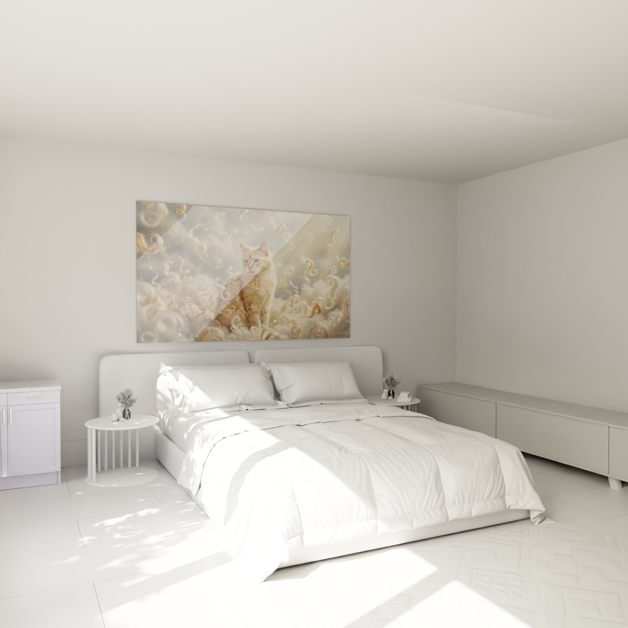 Quadro gatto LaPerm rosso in camera moderna, decorazione murale felina con tonalità dorate e atmosfera calda