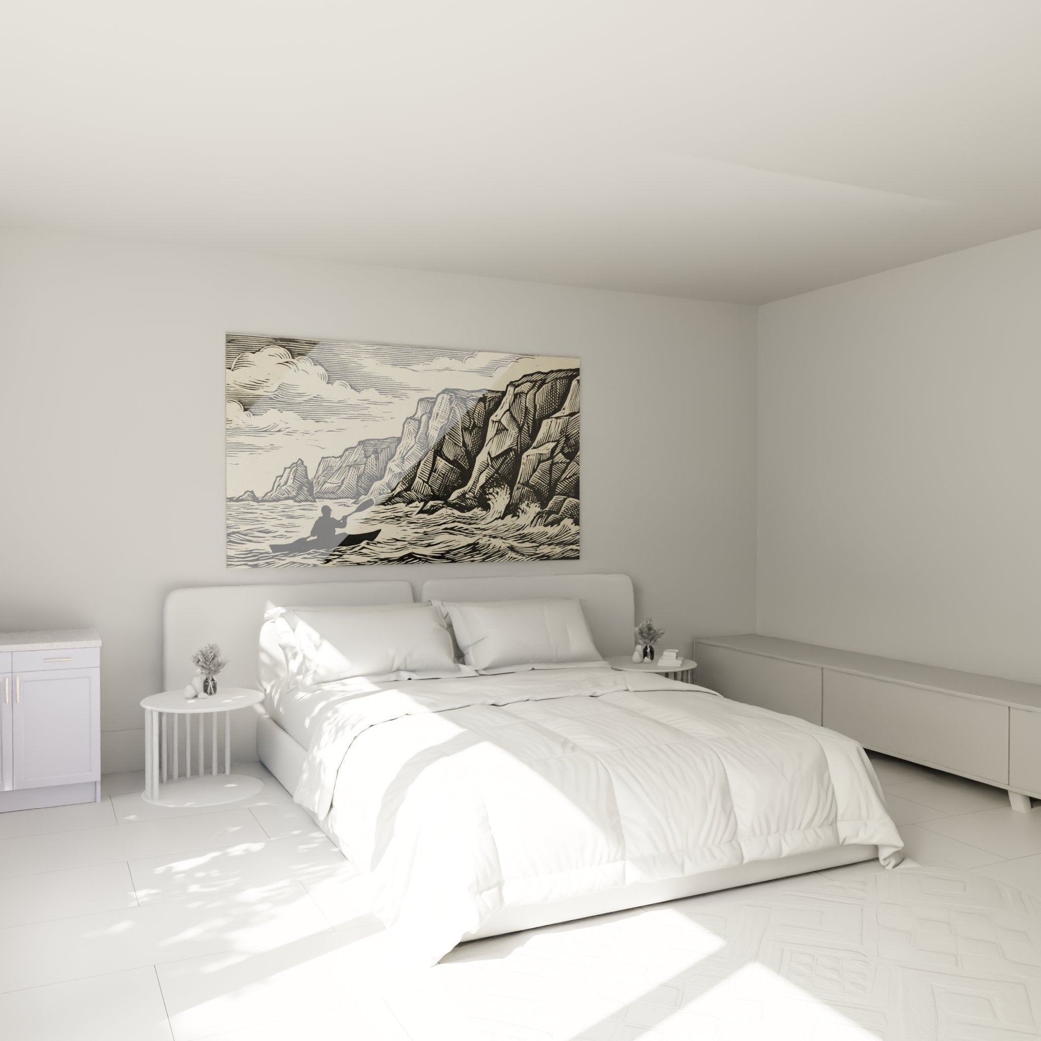Decoration murale kayak falaises dans chambre moderne style gravure vintage beige noir