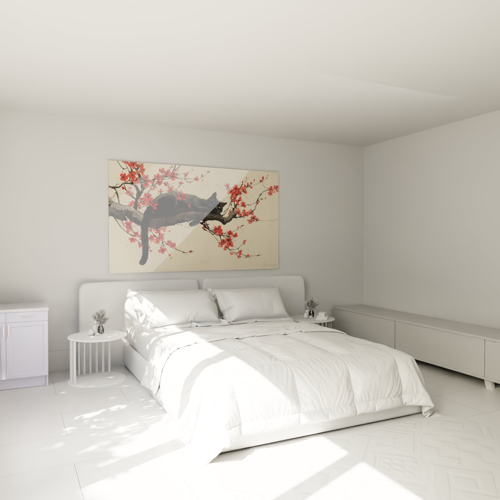 Deco chambre tableau chat Bombay sous fleurs prunier ambiance zen asiatique art mural apaisant