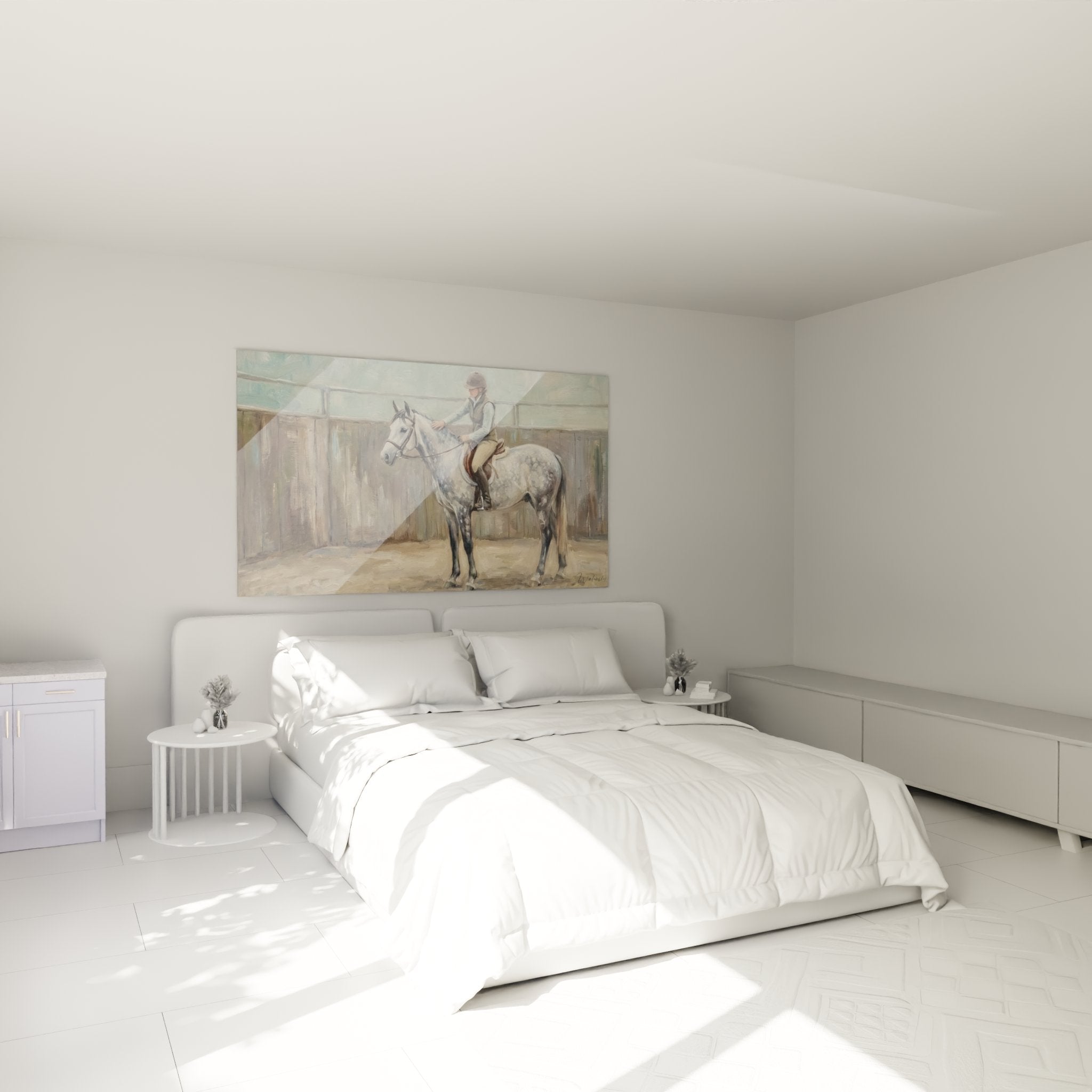 Decorazione murale equestre in camera da letto con quadro cavallerizza e cavallo grigio per un'atmosfera elegante