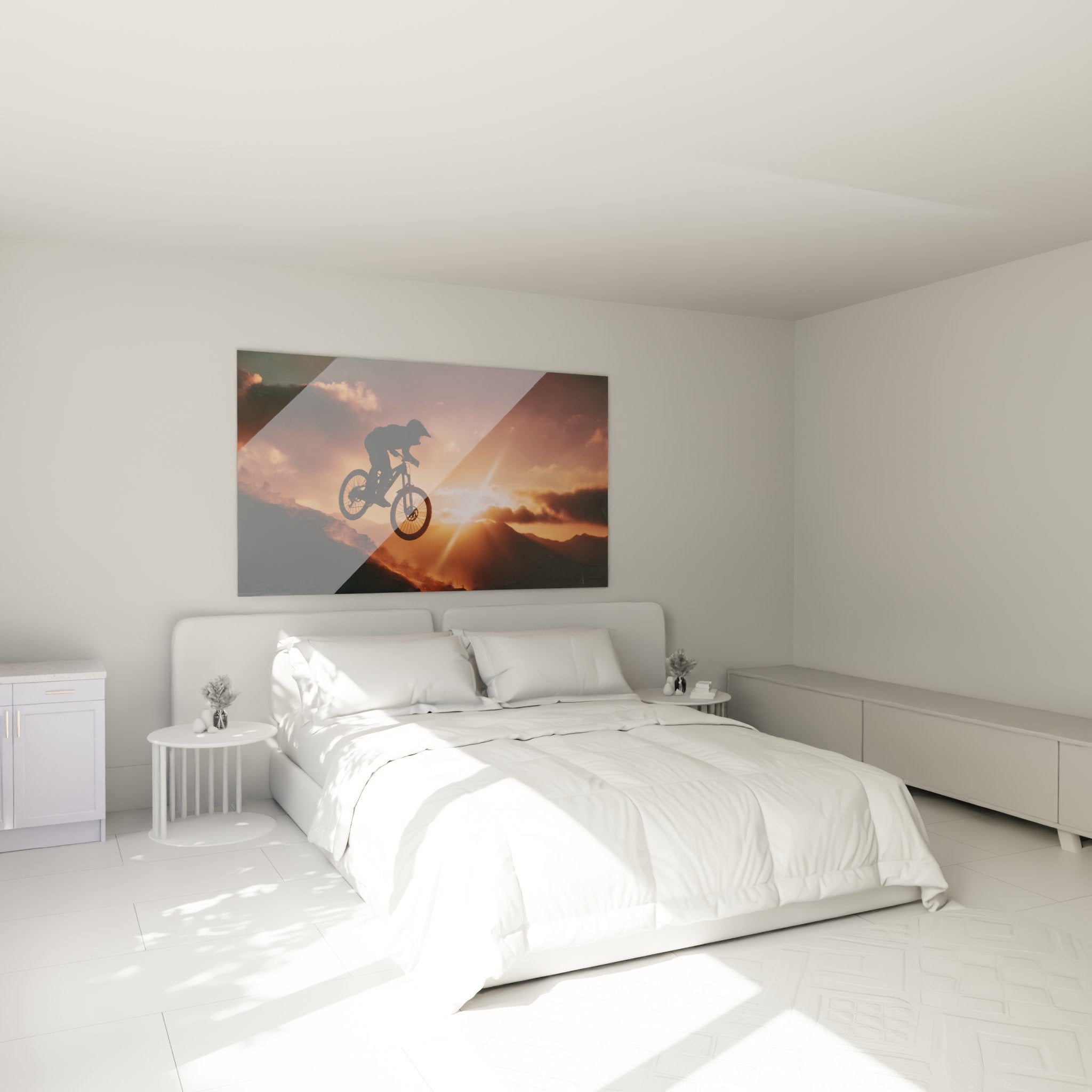 Décoration murale VTT dans chambre moderne, cycliste en vol au coucher de soleil, ambiance chaleureuse