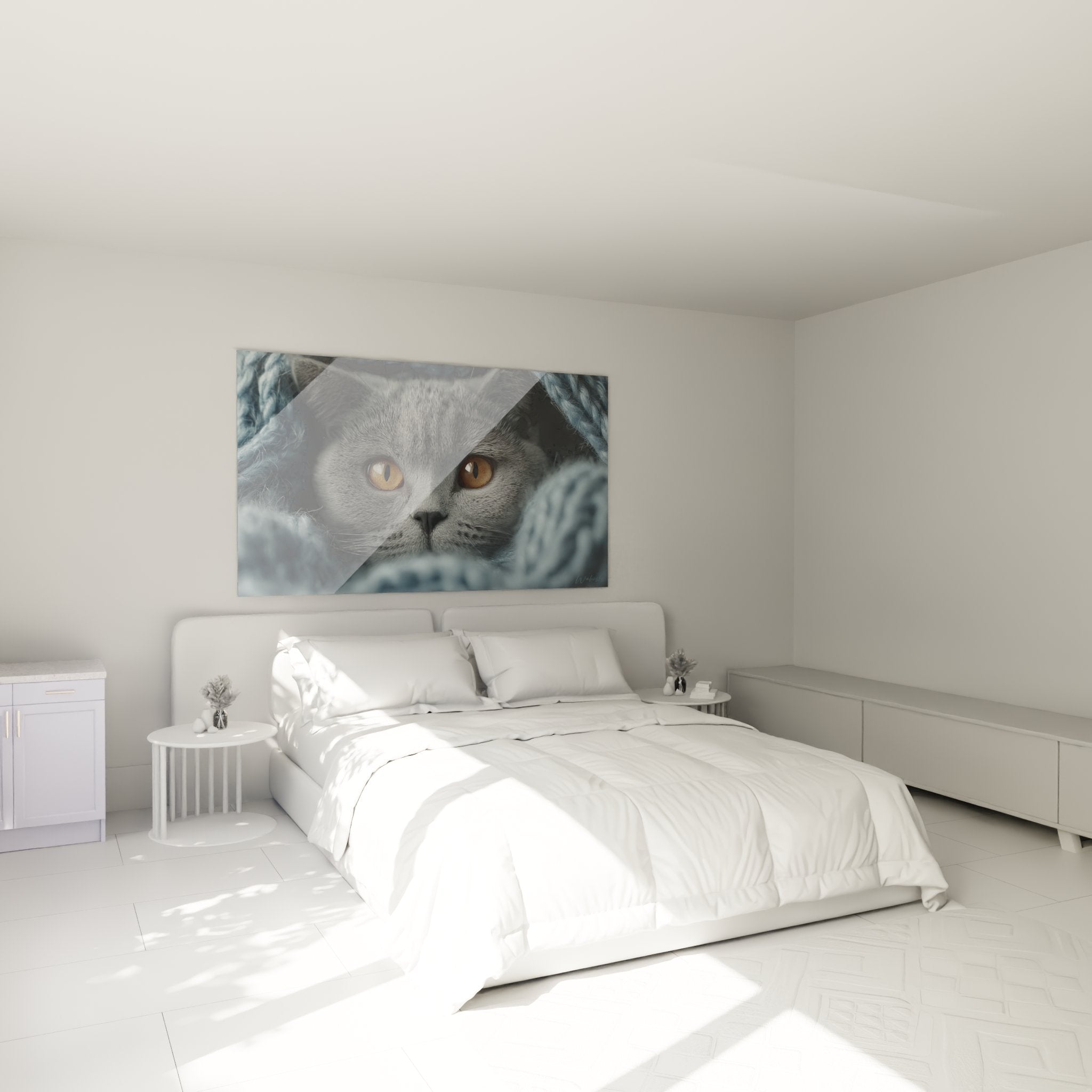 Decorazione camera con quadro British Shorthair grigio, atmosfera accogliente e calorosa, arte murale felina