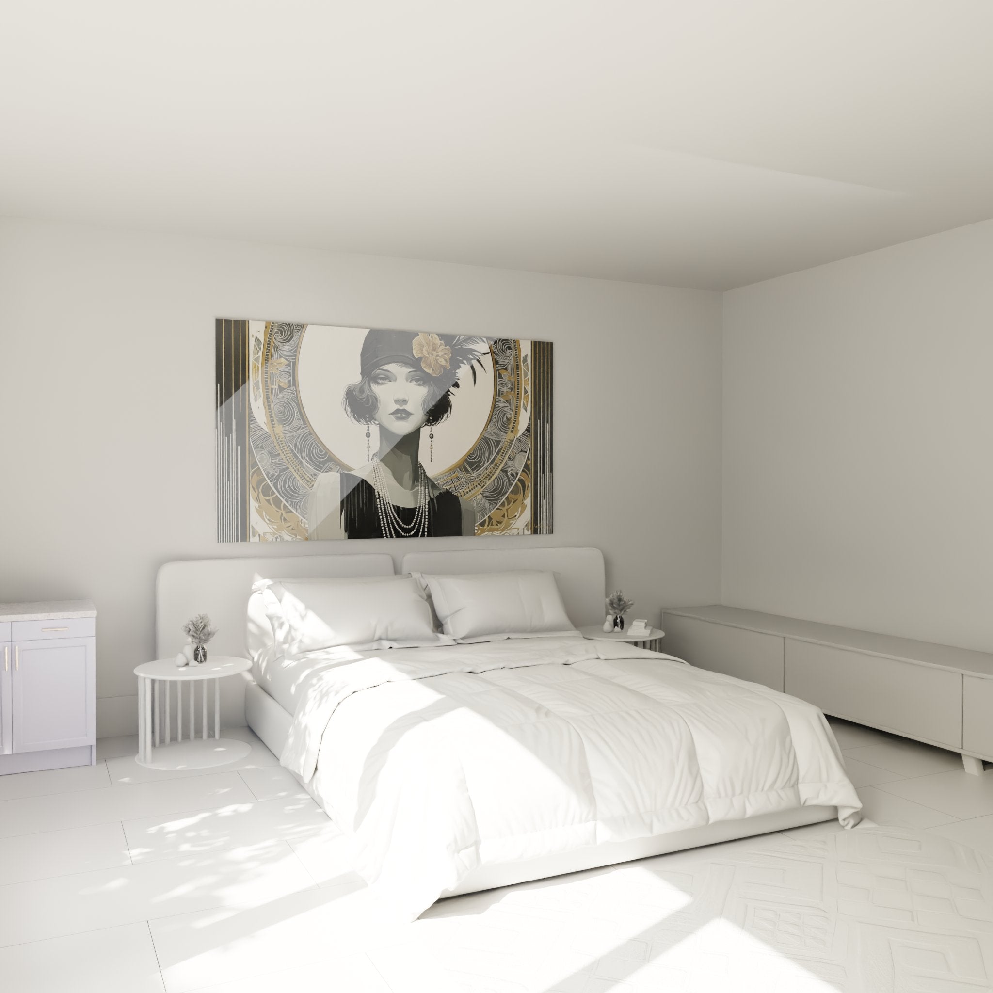 Arredamento camera quadro art déco donna glamour anni 1920 con ornamenti dorati atmosfera vintage chic