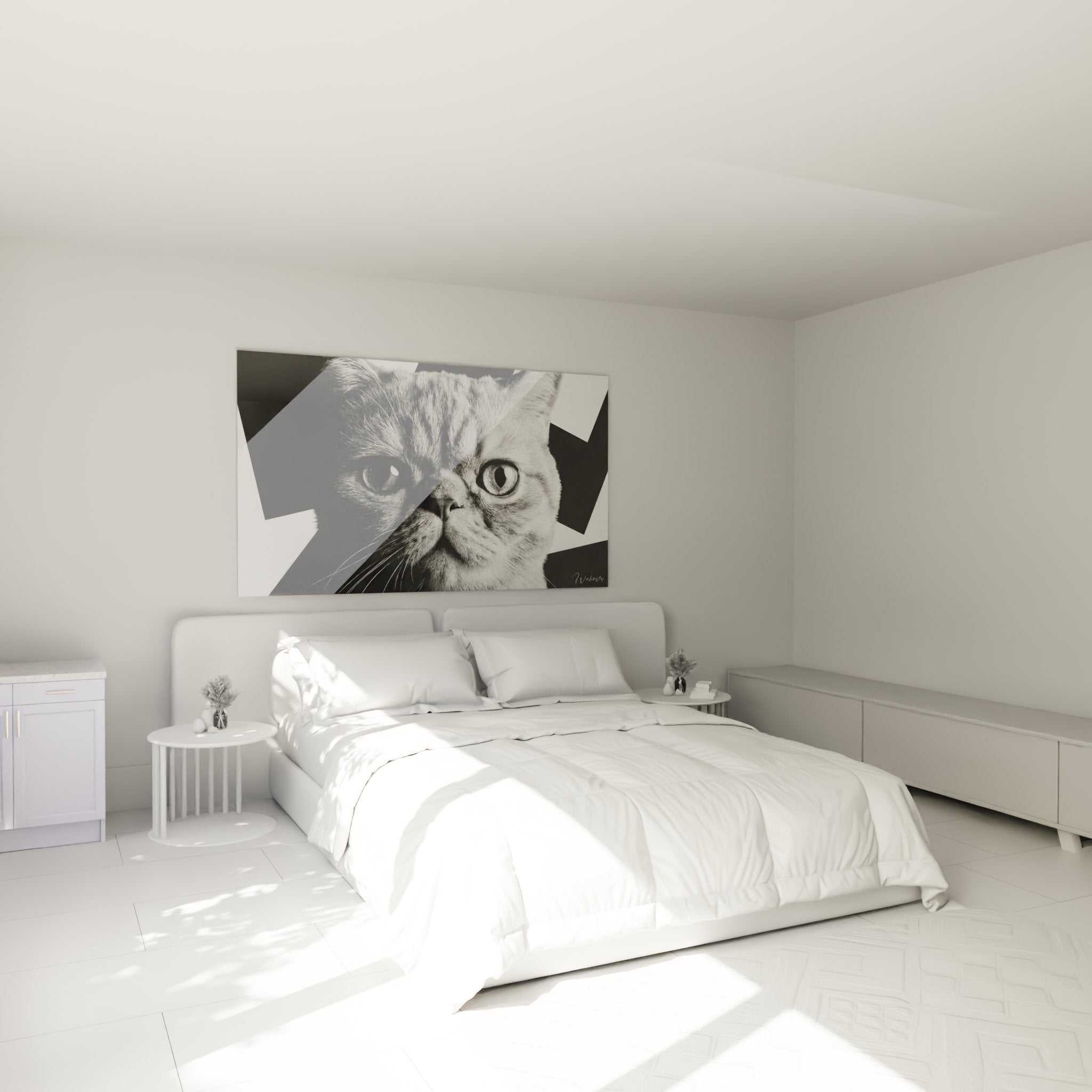 Porträtgemälde schwarze weiße Exotic Shorthair Katze an Schlafzimmerwand aufgehängt moderne elegante Wanddekoration