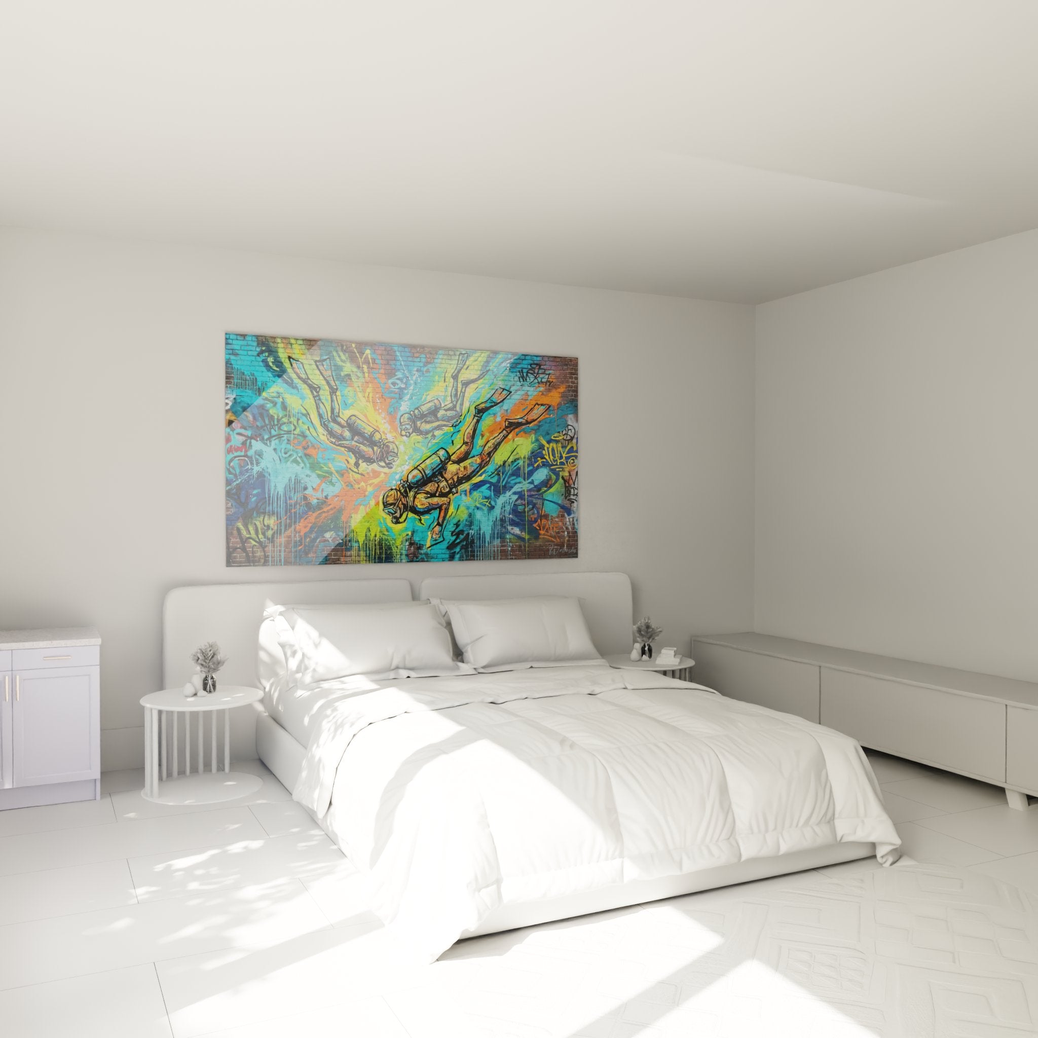 Tableau plongeurs apesanteur décorant une chambre moderne avec couleurs vives bleu vert orange