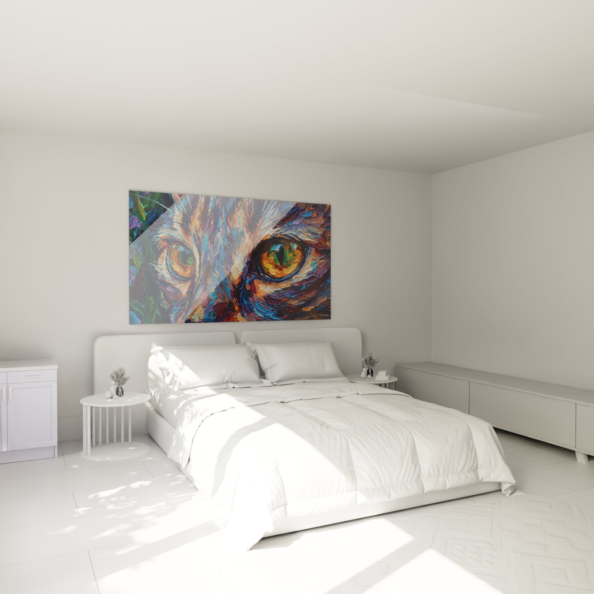 Expressionistisches Katzenbild dekoriert Schlafzimmer warme Atmosphäre intensiver Blick Felide farbiges Wandbild