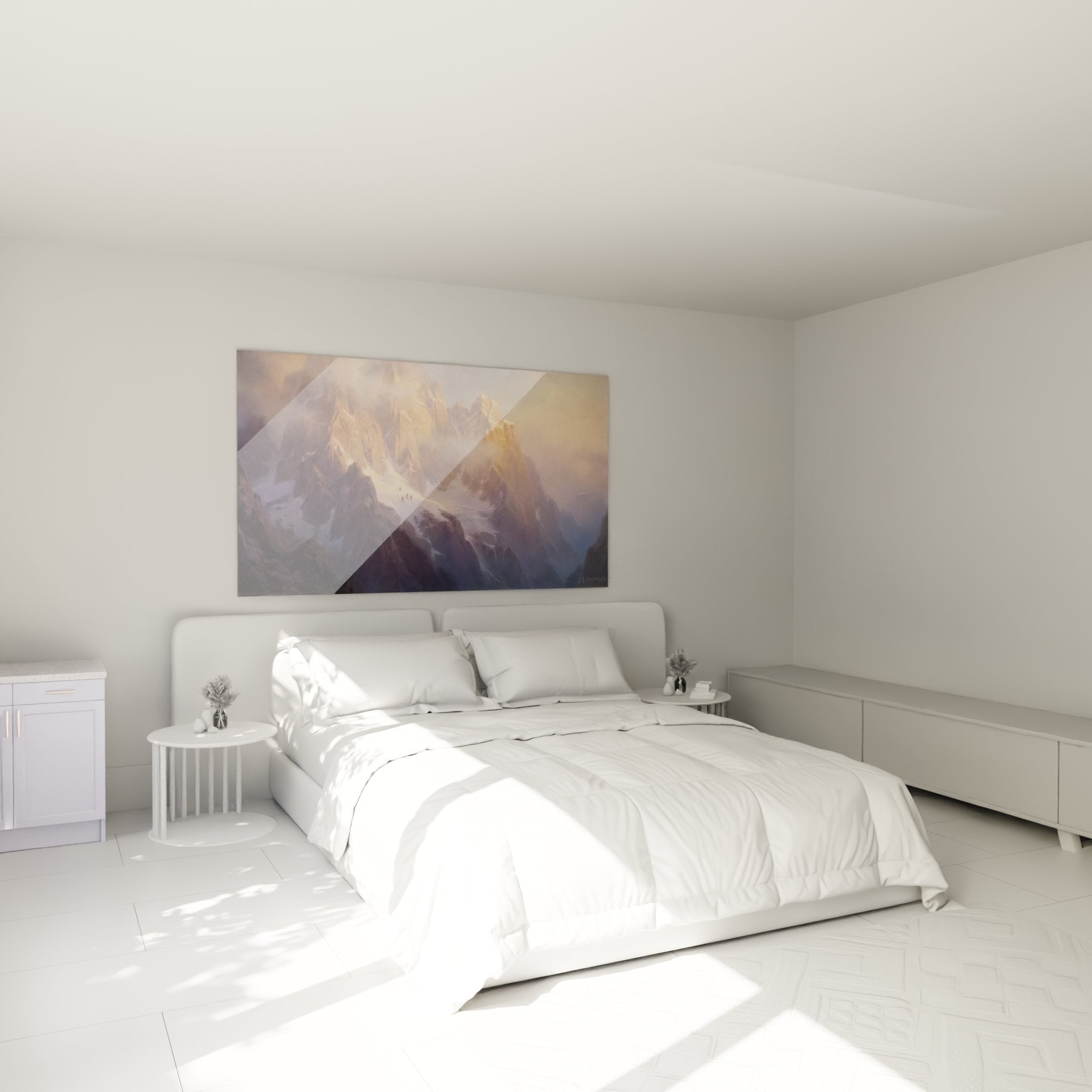 Bedroom decoration climbing artwork - mountain ambiance with climbers on golden peaks - climbing wall art