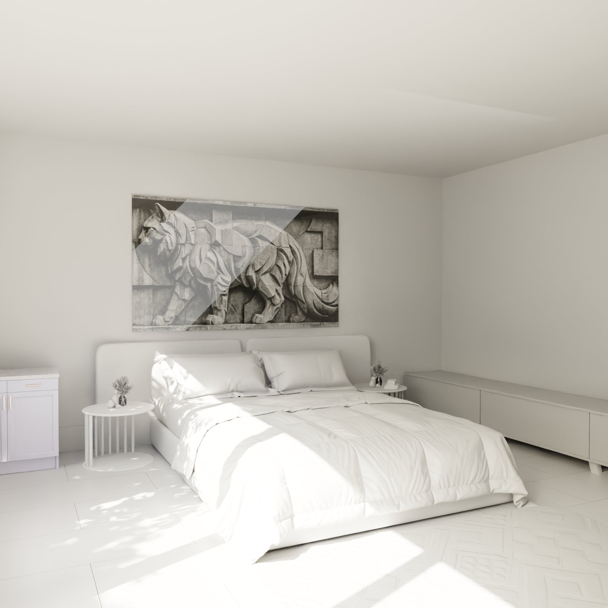 Geometric Maine Coon cat relief wall art in modern bedroom with elegant mural decoration