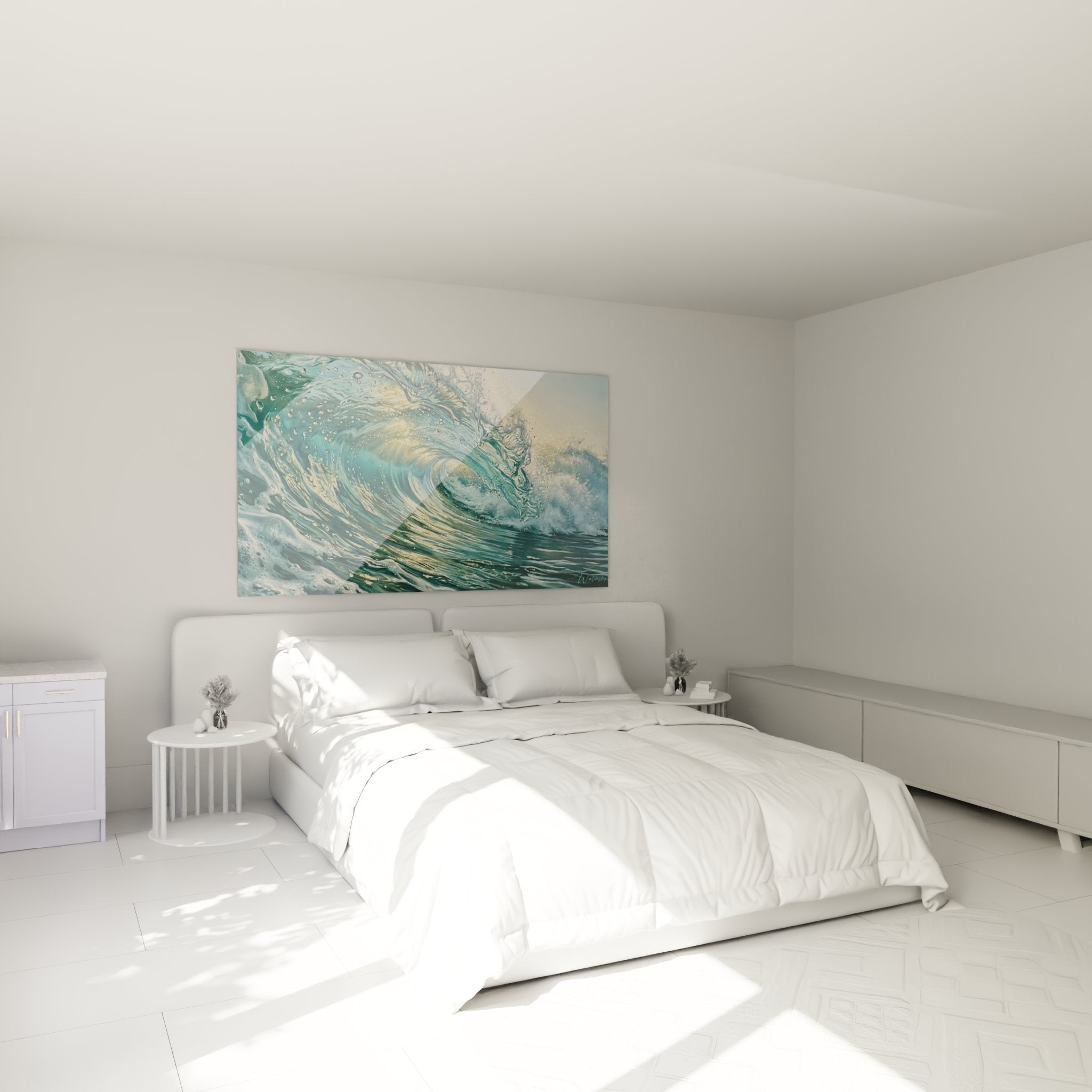 Golden ocean wave canvas installed in modern bedroom, elegant surf wall art decoration