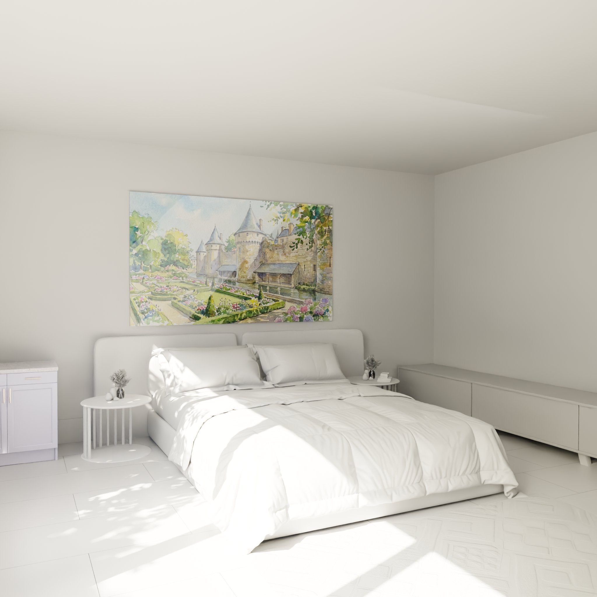Tableau château breton décorant une chambre avec jardins à la française en aquarelle murale premium