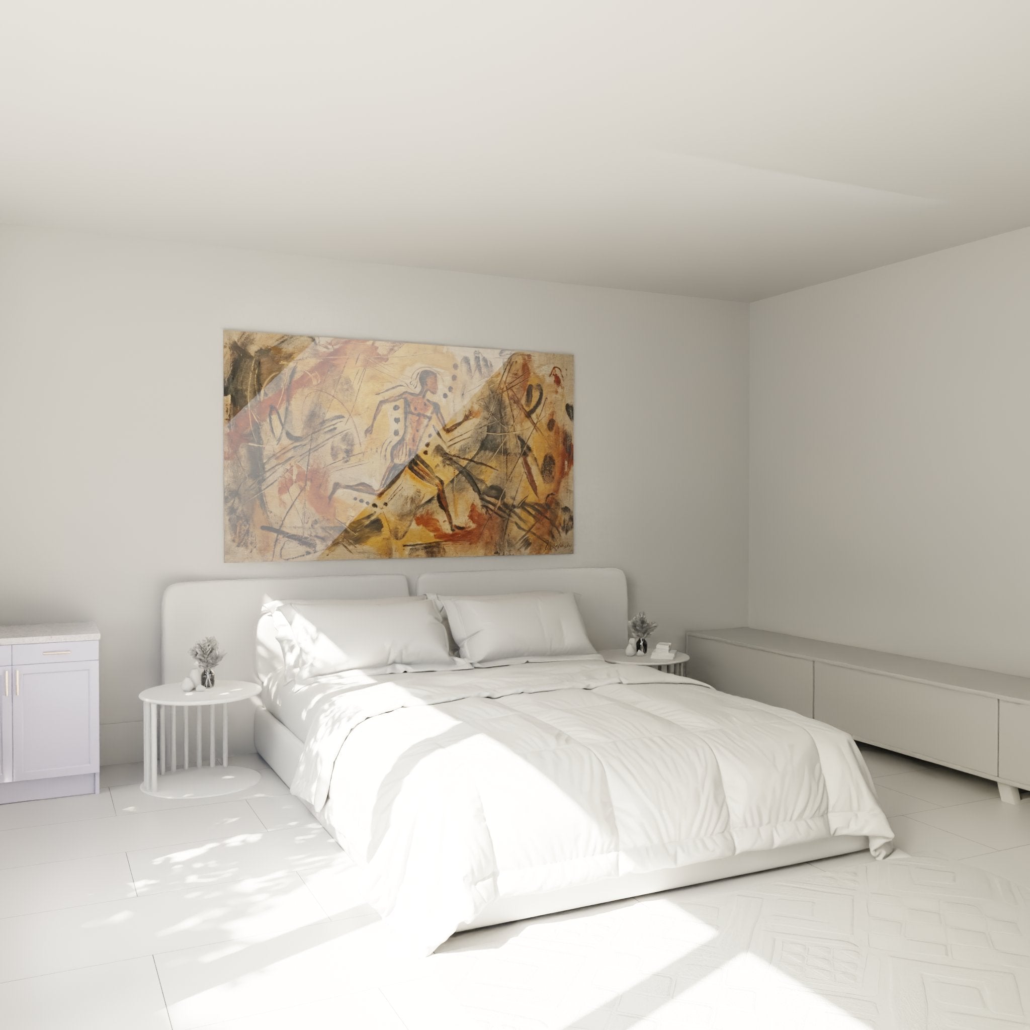 Quadro corridore arte primitiva rupestre appeso al muro di una camera moderna decorazione corsa a piedi