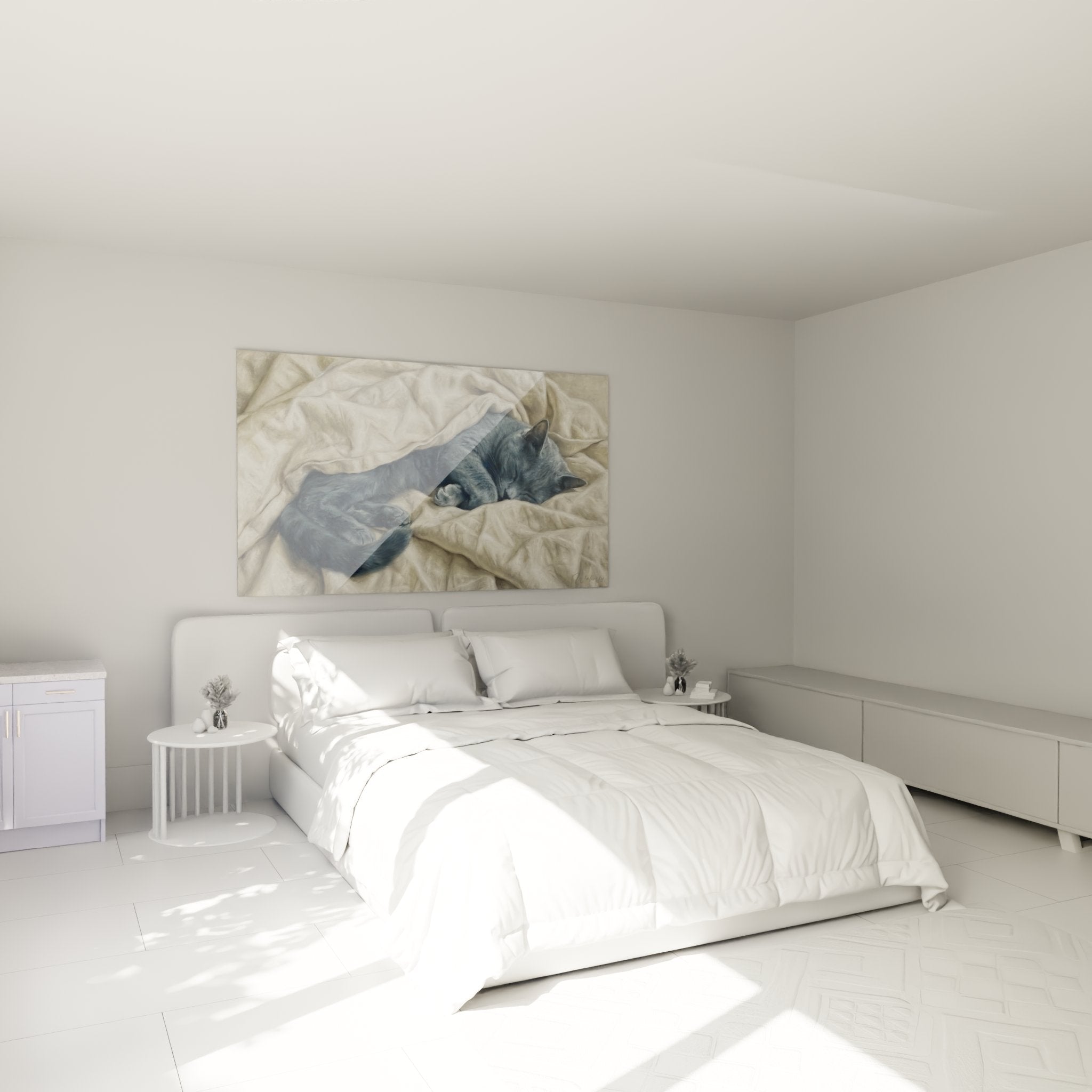 Decoration murale chambre avec tableau chat Chartreux endormi dans draps blancs ambiance cosy