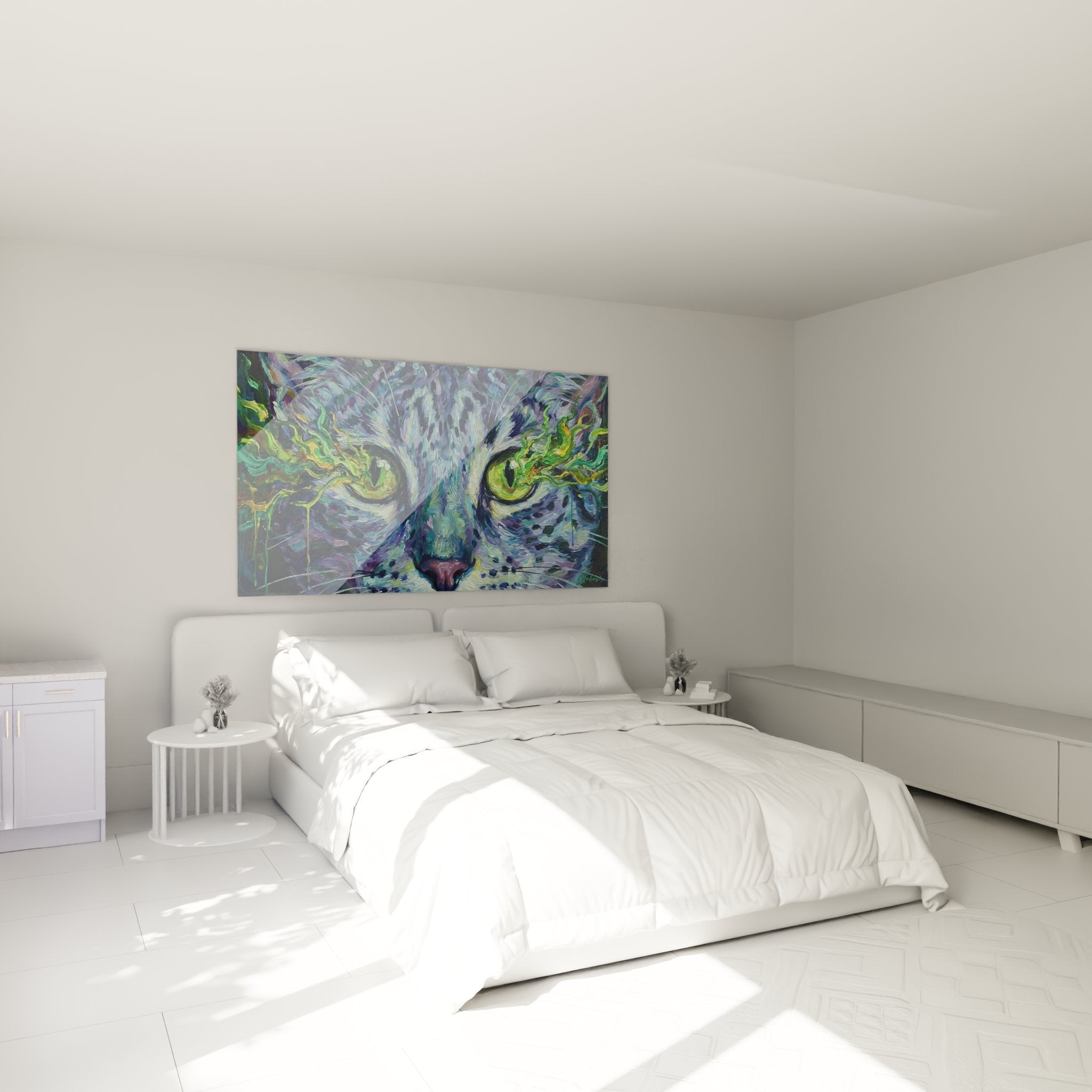 Wall decoration bedroom with Egyptian Mau cat artwork psychedelic style green eyes