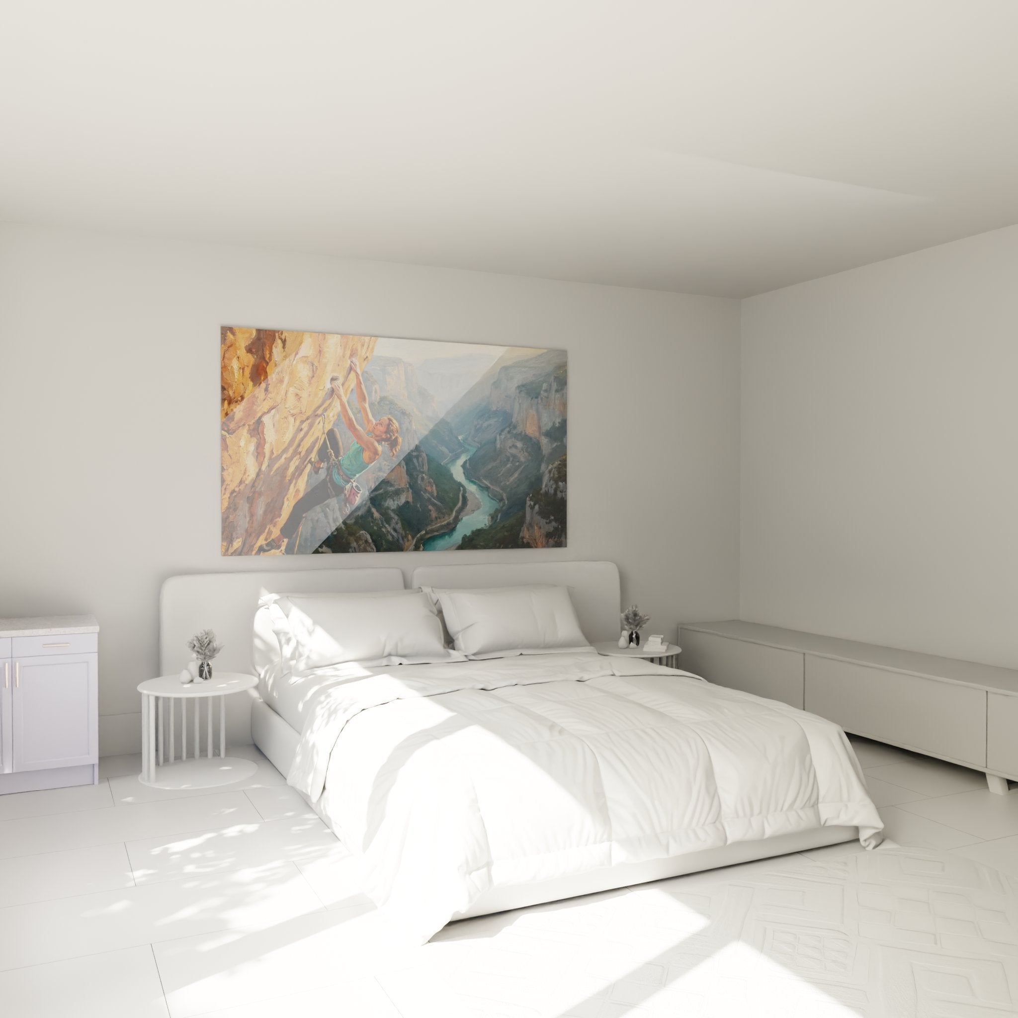 Rock climbing cliff wall art decorating a modern bedroom with mountain sports and adventure atmosphere