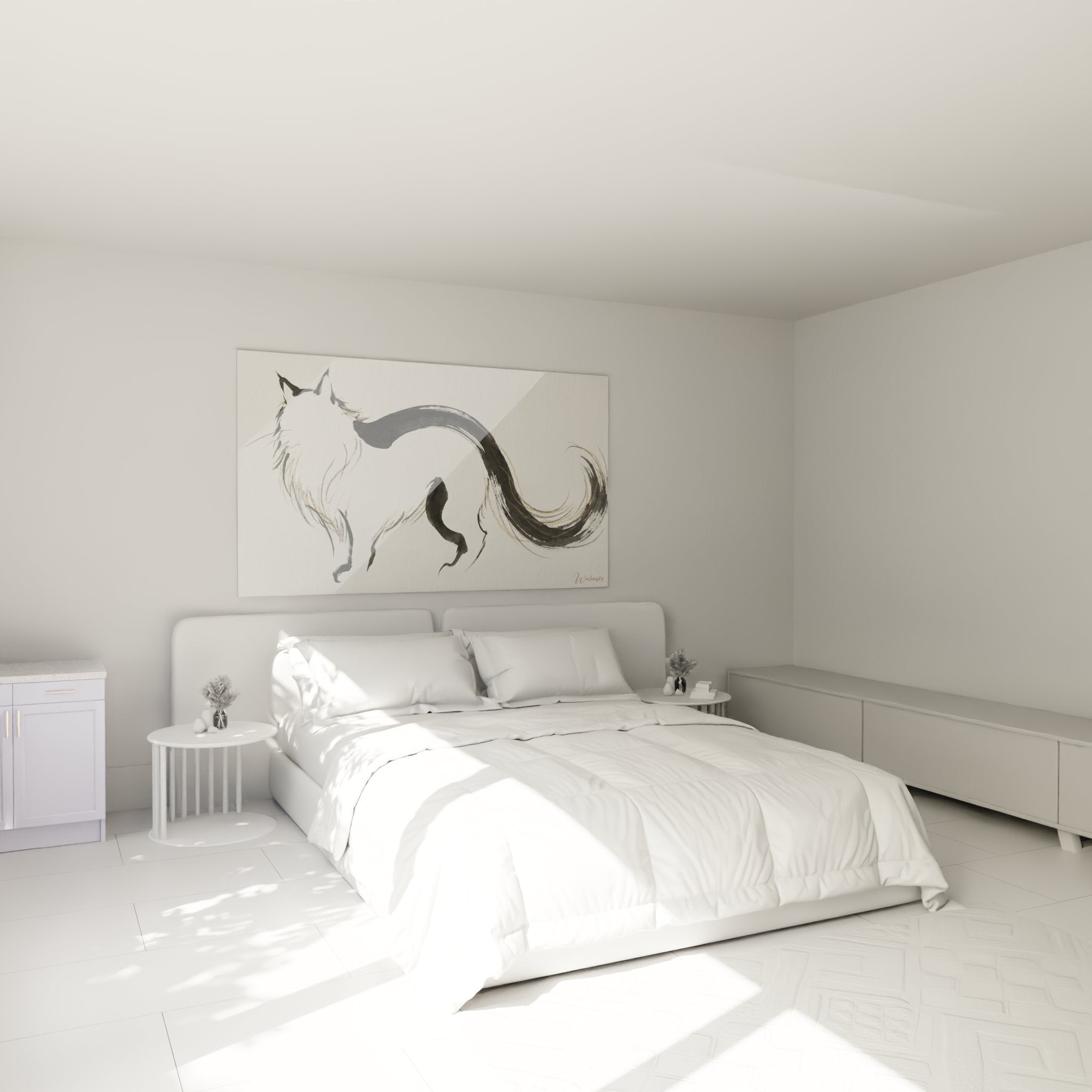 Minimalistisches Katzenbild im modernen Schlafzimmer, Wanddekoration, Zen-Stil, asiatischer Stil, Maine Coon