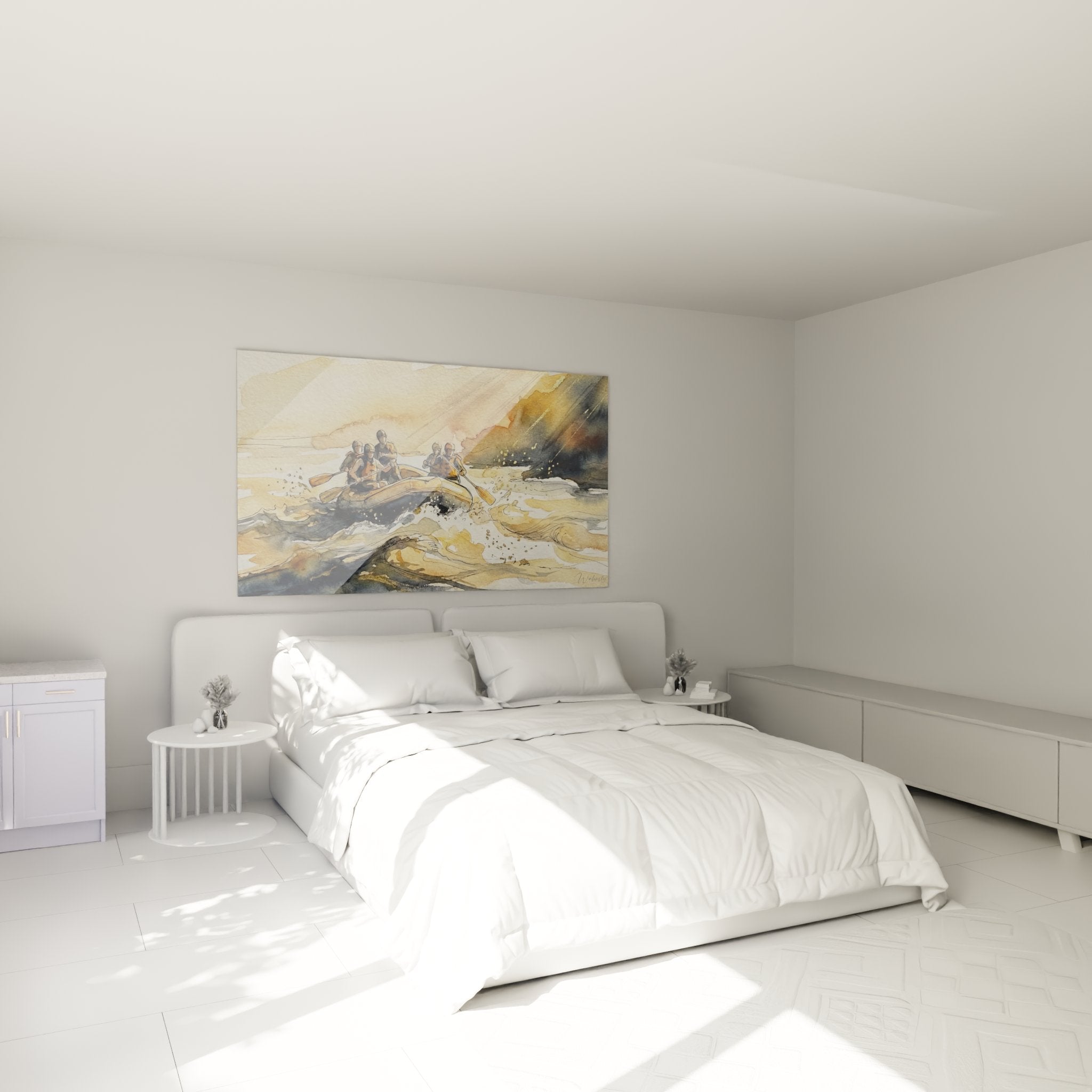 White water rafting painting hung in bedroom, aquatic wall art creating adventure and nature ambiance in room décor