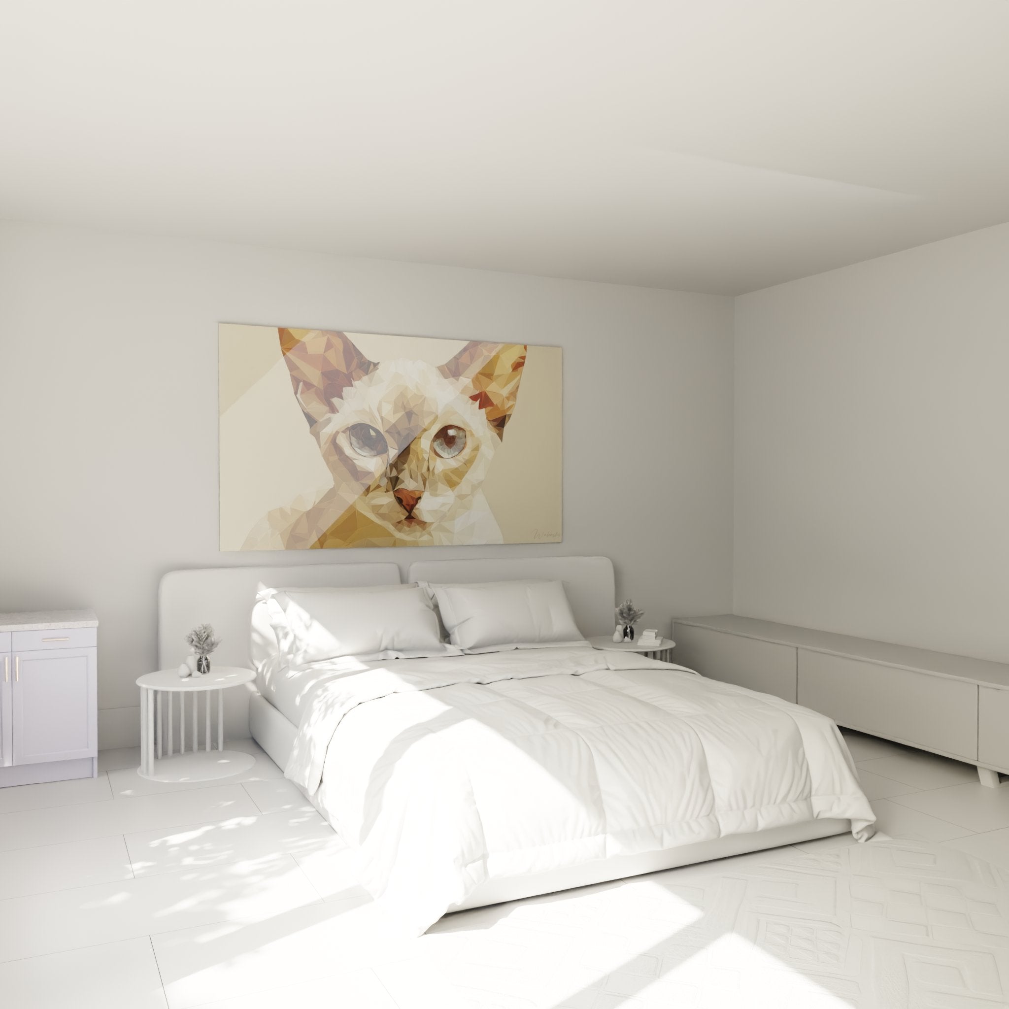 Décoration chambre avec tableau chat polygonal aux yeux bleus, ambiance moderne et apaisante