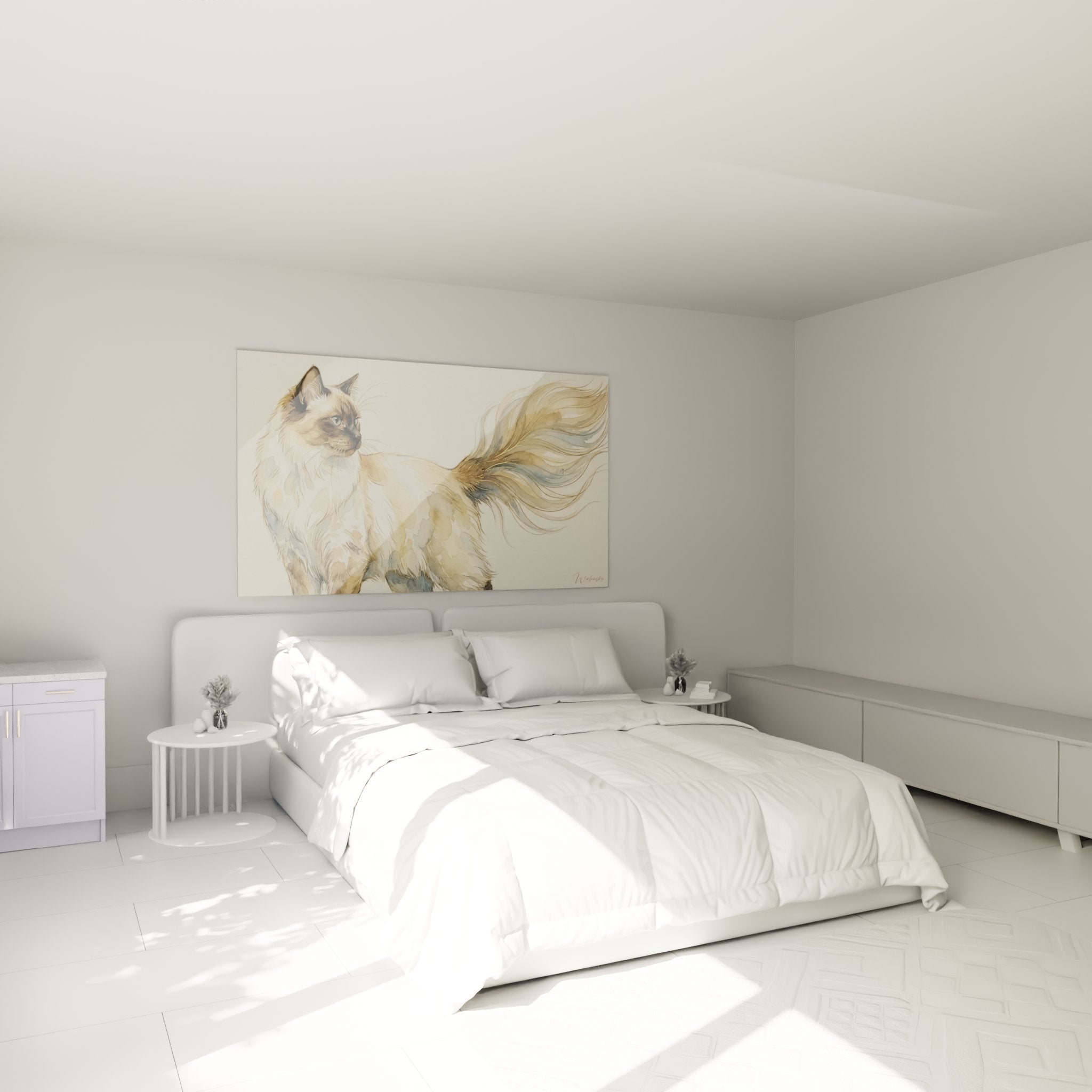 Décoration chambre avec tableau aquarelle chat Balinais élégant aux tons doux et apaisants