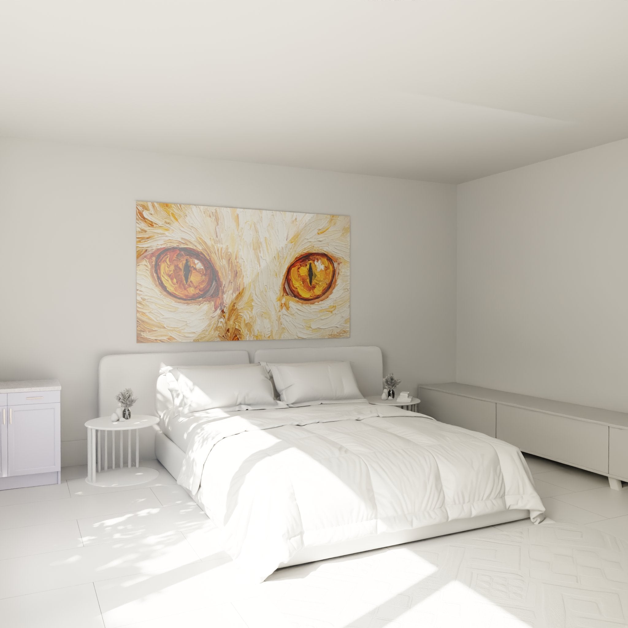 Decoration murale chambre avec tableau yeux de chat Khao Manee dores sur mur moderne