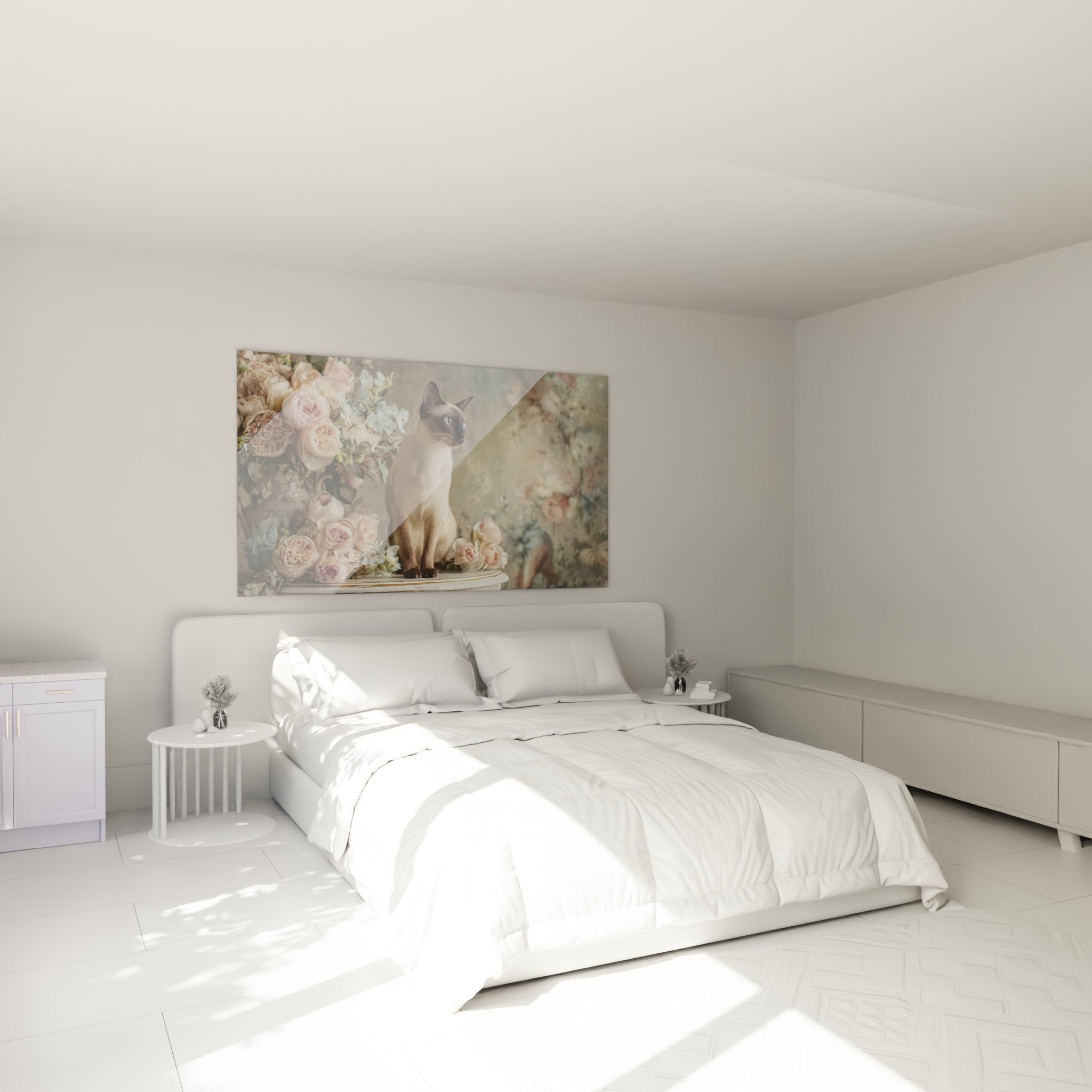 Tableau chat Balinais aux roses dans une chambre moderne avec decoration murale florale elegante