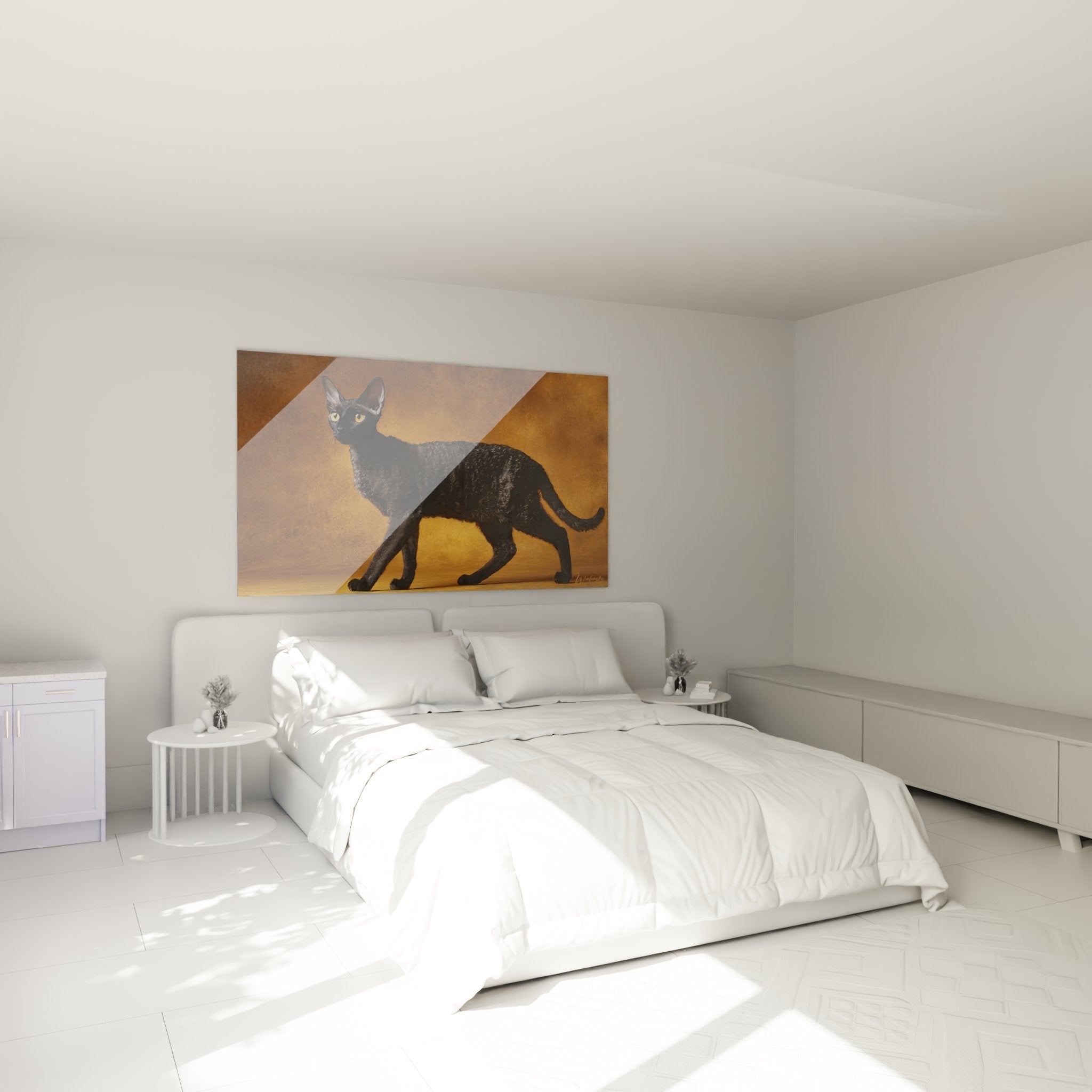 Quadro gatto Cornish Rex nero decorazione camera ambiance dorata arte murale felino design interno moderno