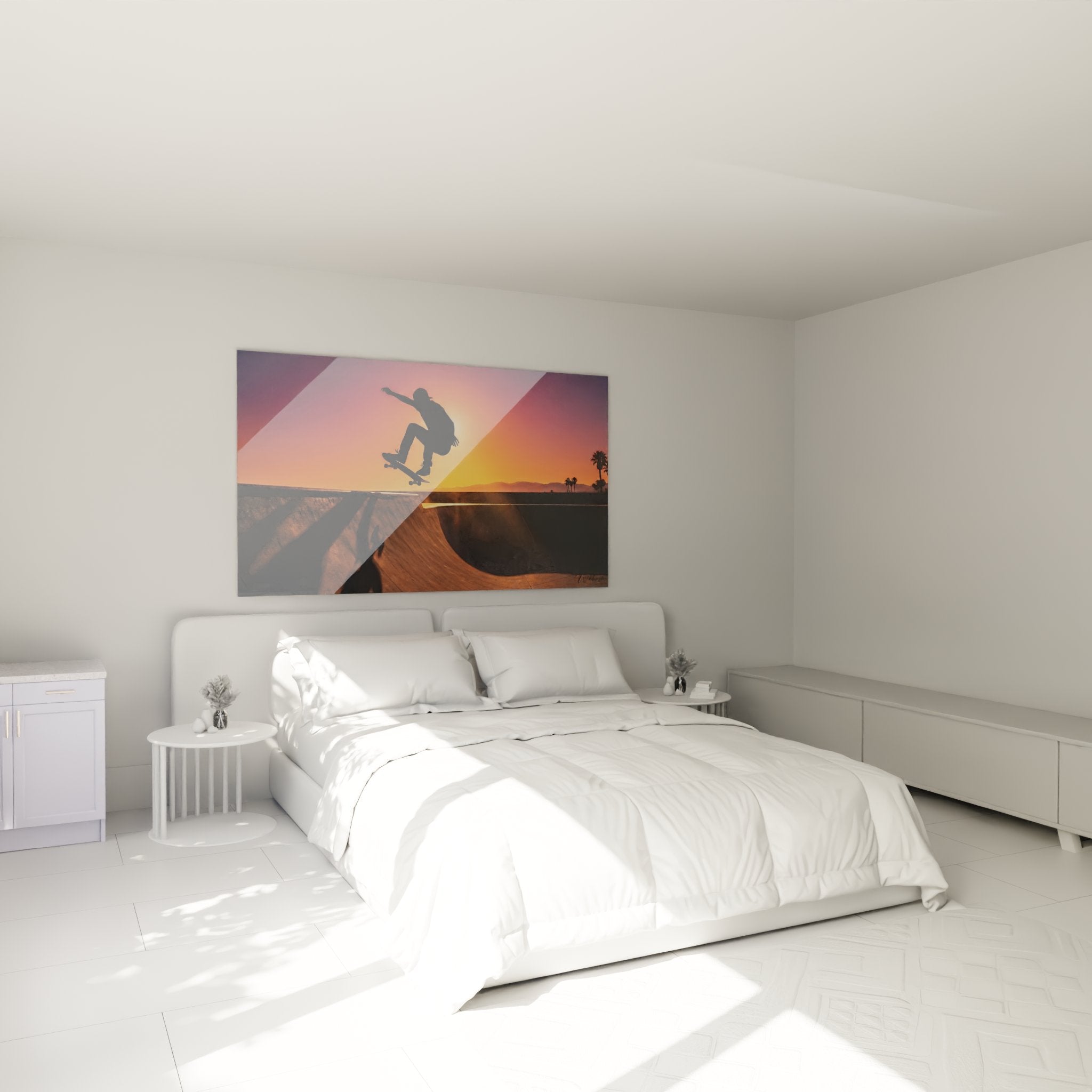 Decoration murale skateboard sunset bowl accrochee dans chambre moderne style urbain