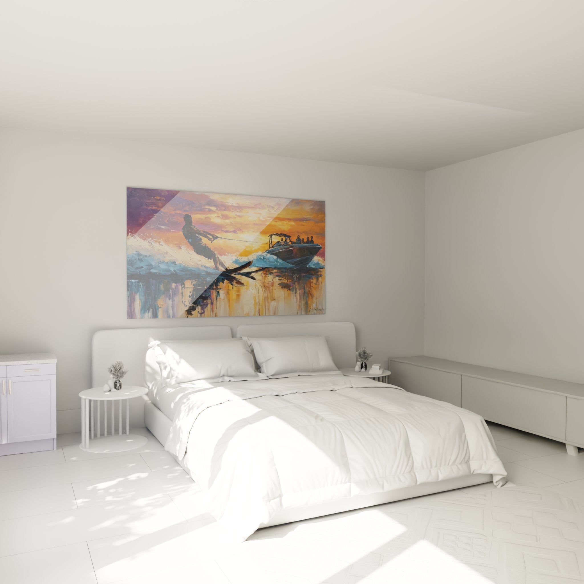 Decorazione murale sci nautico in camera moderna con illuminazione soffusa